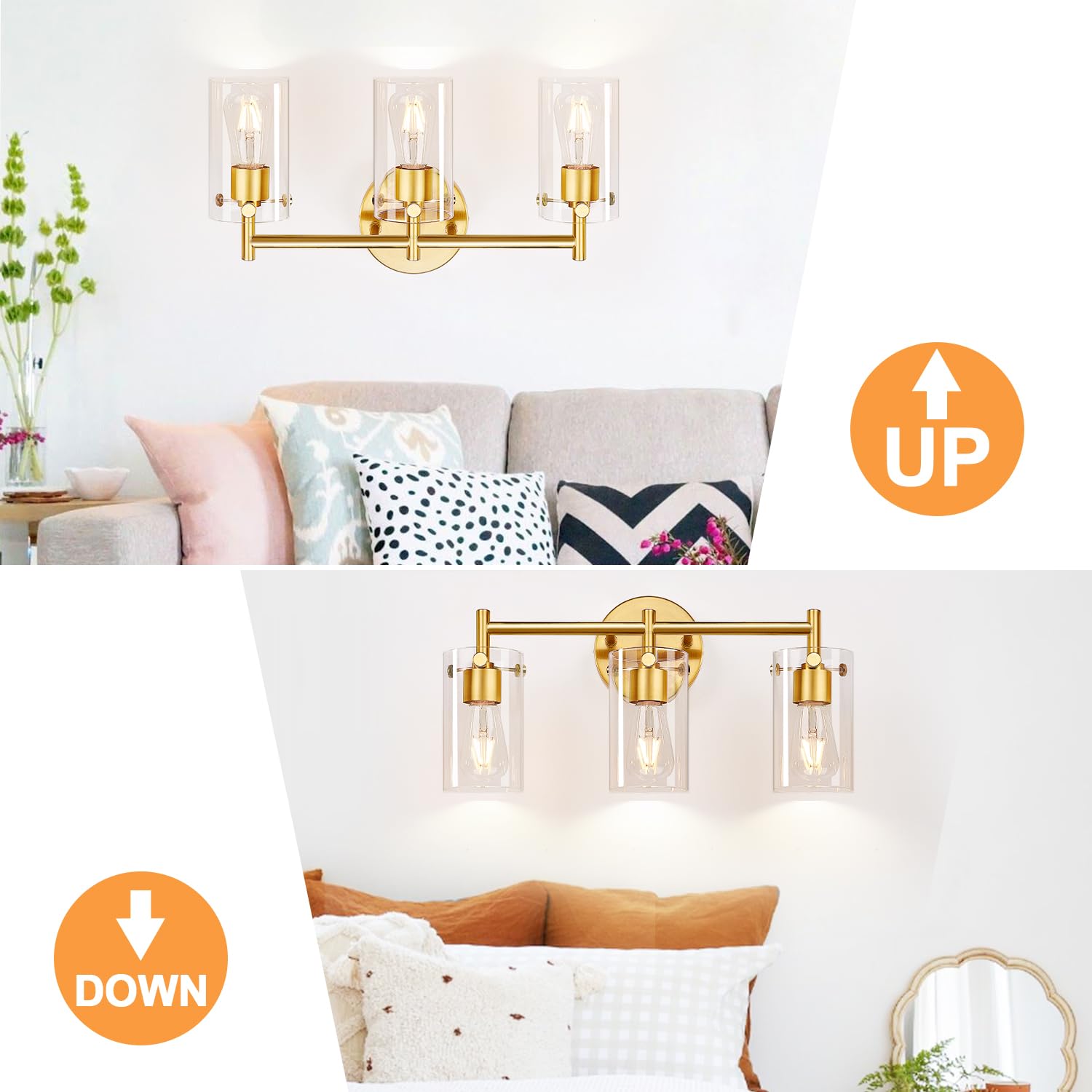 2023 Upgraded 3-Light Brushed Gold Bathroom Vanity Light with Clear Glass Shade - Modern Gold Bathroom Lighting Fixtures for Mirror, Bedroom, Living Room & Hallway - Perfect for Home Decor and Ambient Lighting