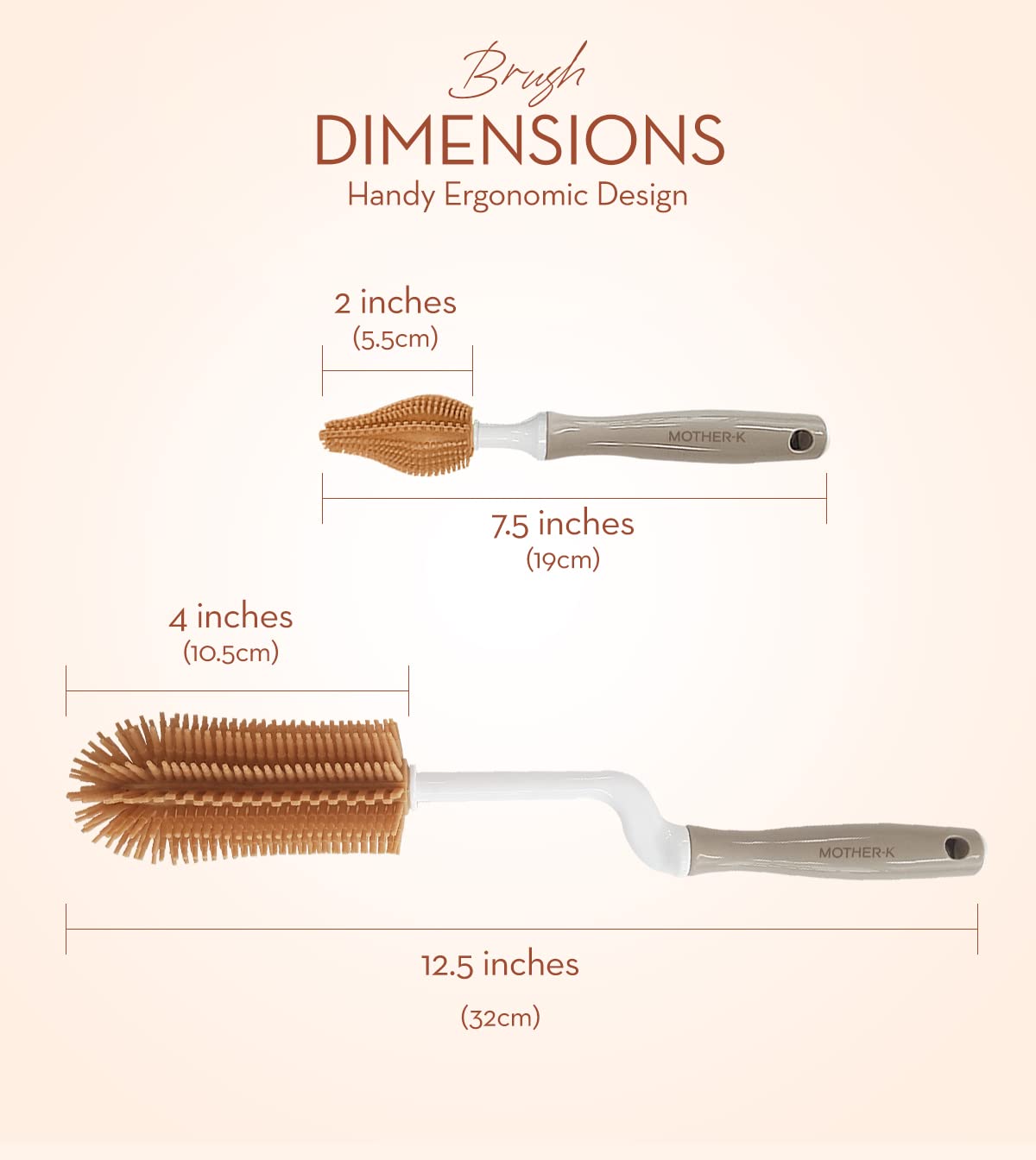 MOTHER-K Rotating Silicone Bottle Brush Set - 2-in-1 Cleaning Brush for Baby Bottles, Sports Water Bottles, Vases & Glassware - Safe & Durable Brown Silicone Scrubber for Easy Cleaning at Home or Travel