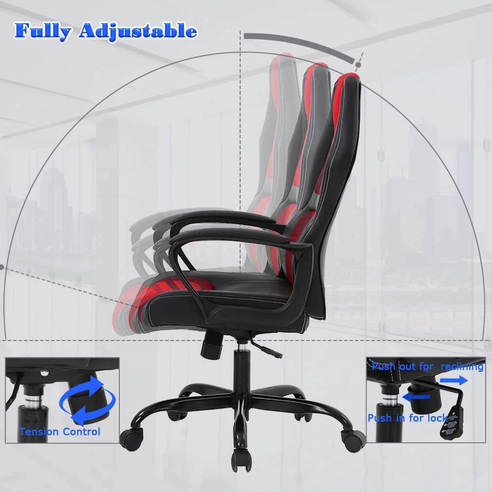 Ergonomic High Back Gaming Office Chair with Lumbar Support & PU Leather - Adjustable Swivel Rolling Desk Chair for Men & Women - Perfect for Home Office, Gaming Setup, and Executive Workspaces (Red)