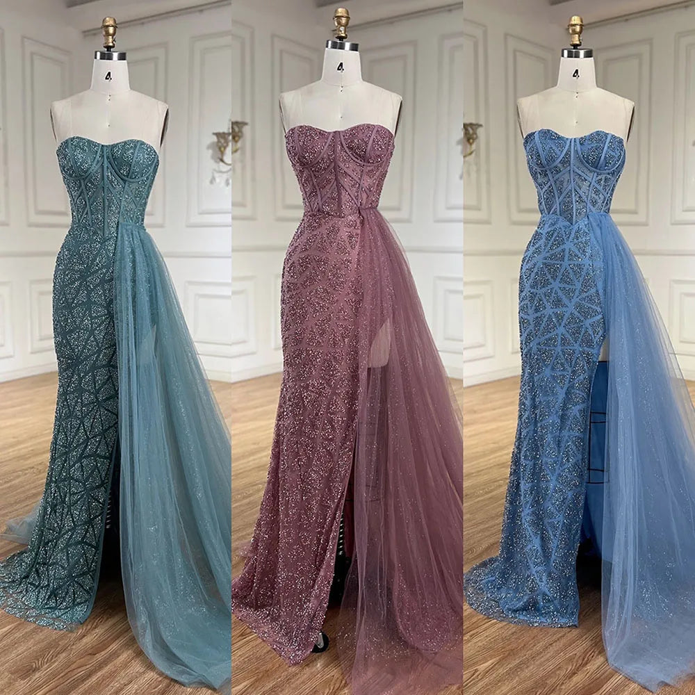 Serene Hill Arabic Turquoise High Split Mermaid Beaded Luxury Evening Gown for Women - Elegant Wedding Party Dress 2025 LA72610 | Perfect for Formal Events, Red Carpet & Special Occasions