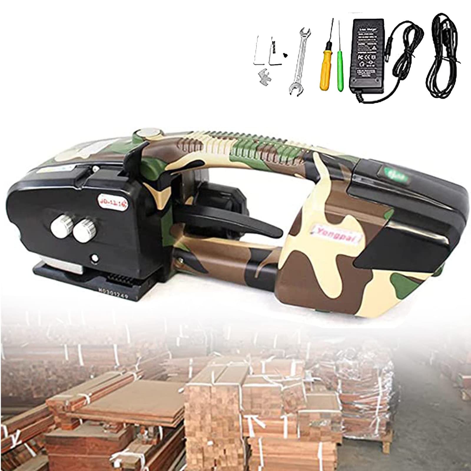 Portable Electric Strapping Machine - Battery Powered Automatic Baler with Tensioner & Cutter for PET/PP Straps - Ideal for Warehouse, Logistics & Shipping Packaging (Camouflage Design)