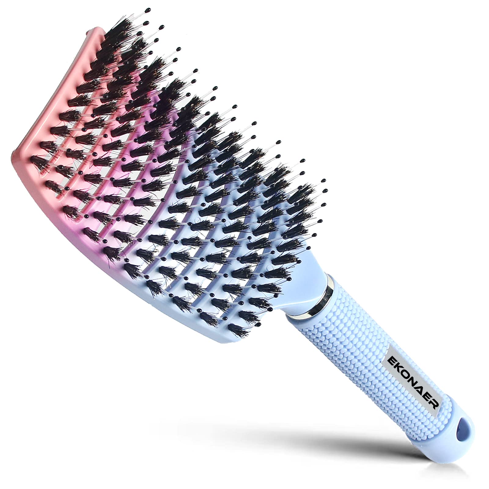 Boar Bristle Detangling Hair Brush for Adults & Kids - Wet or Dry Hair Use - Curved Vented Design for Smooth Shiny Hair (Blue) | Perfect for Daily Styling, Salon Results at Home, Travel & On-the-Go Hair Care