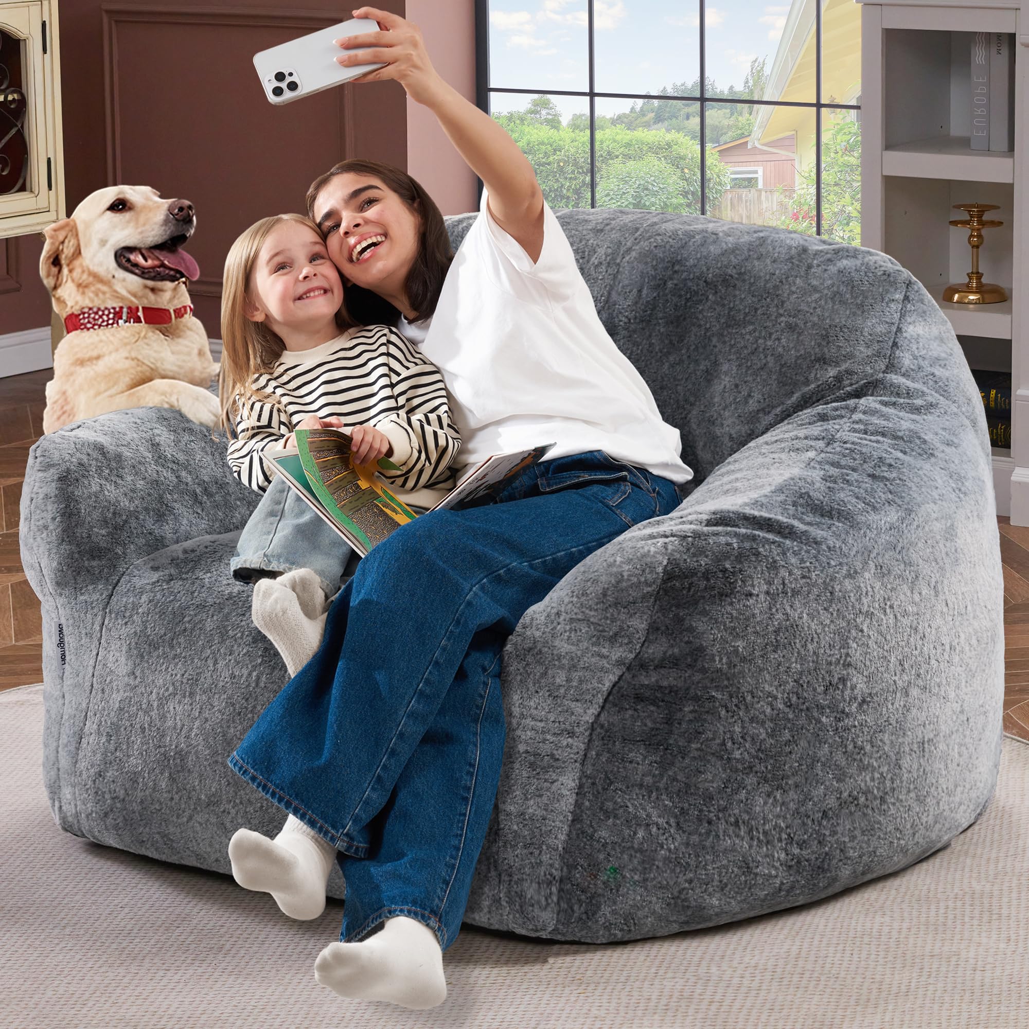 Homguava Oversized Bean Bag Chair for Adults - Spacious Comfy Beanbag Sofa with Armrest & Filler, Giant Lounger for Living Room, Bedroom, Game Room & Home Theater (Grey) - Perfect for Relaxing, Gaming & Movie Nights