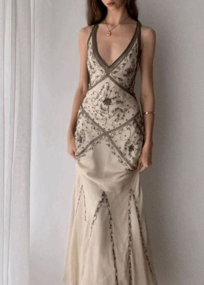 Elegant Beige Mermaid V-Neck Prom Dress with Beaded Details - Formal Evening Gown J3157 for Homecoming, Wedding Guest, and Special Occasions