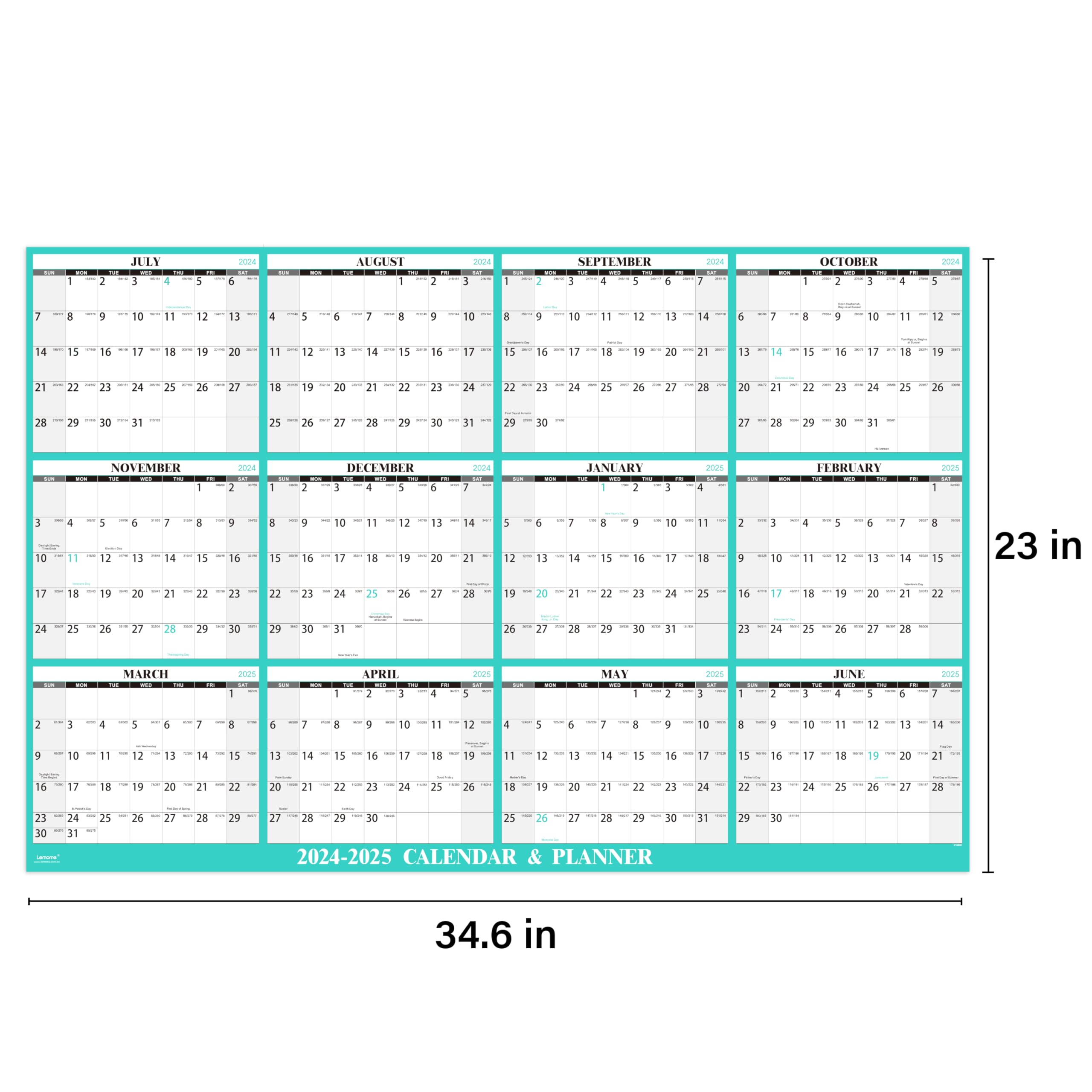 2024-2025 Dry Erase Wall Calendar - 12 Month Reusable Whiteboard Calendar from July 2024 to June 2025 with Julian Dates | Perfect for Office, Classroom & Home Planning | Green Design