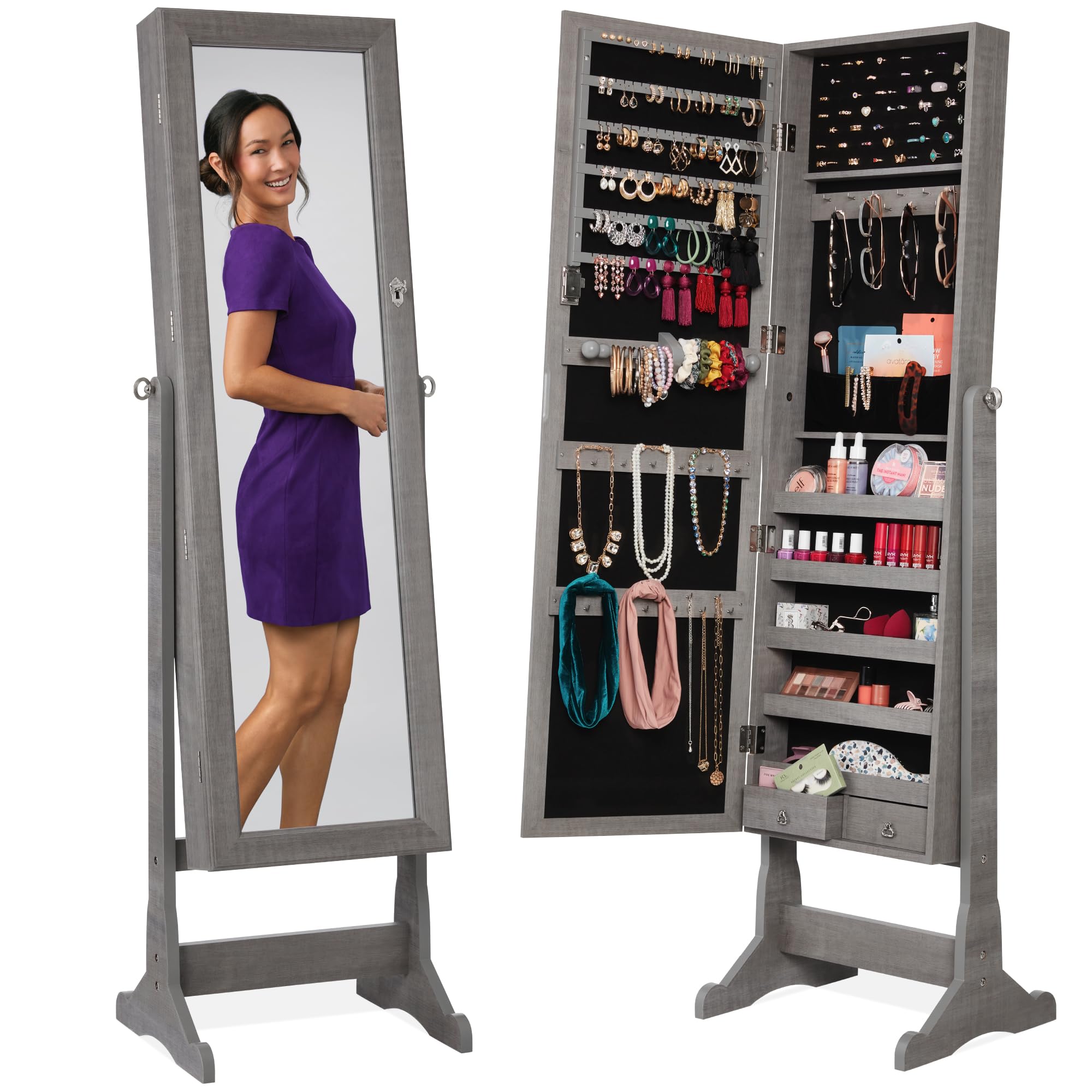 Best Freestanding Jewelry Armoire Cabinet with Full-Length Mirror - Lockable Makeup Storage Organizer with Velvet Lining, 3 Adjustable Angles, 5 Shelves & Accessory Pouch - Gray Oak - Perfect for Bedroom, Closet & Dressing Room Organization