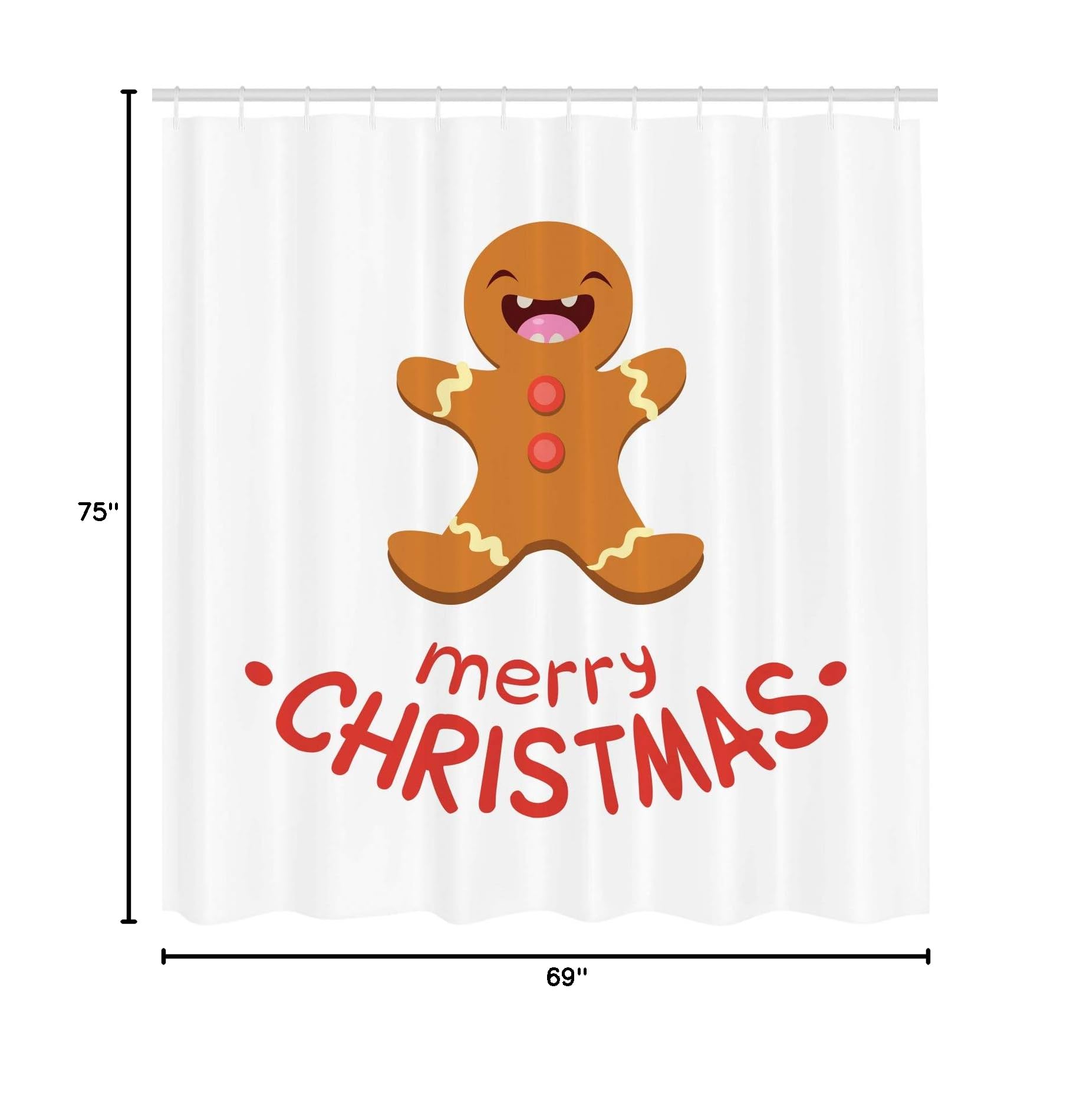 Ambesonne Christmas Shower Curtain - Festive Merry Christmas Lettering with Cute Gingerbread Man Cookie Design, 69x75 Inch Waterproof Polyester Fabric Bathroom Decor Set with Hooks (Amber & Vermilion) - Perfect for Holiday Bathroom Decorations & Christmas Gift Ideas