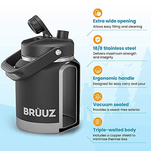 BRUUZ Big Aussie Growler 84oz Stainless Steel Vacuum Insulated Water Bottle - Wide Mouth Thermos for Hot & Cold Drinks - Keeps Beverages Cold 24hrs/Hot 12hrs - Perfect for Camping, Hiking, Work & Outdoor Adventures