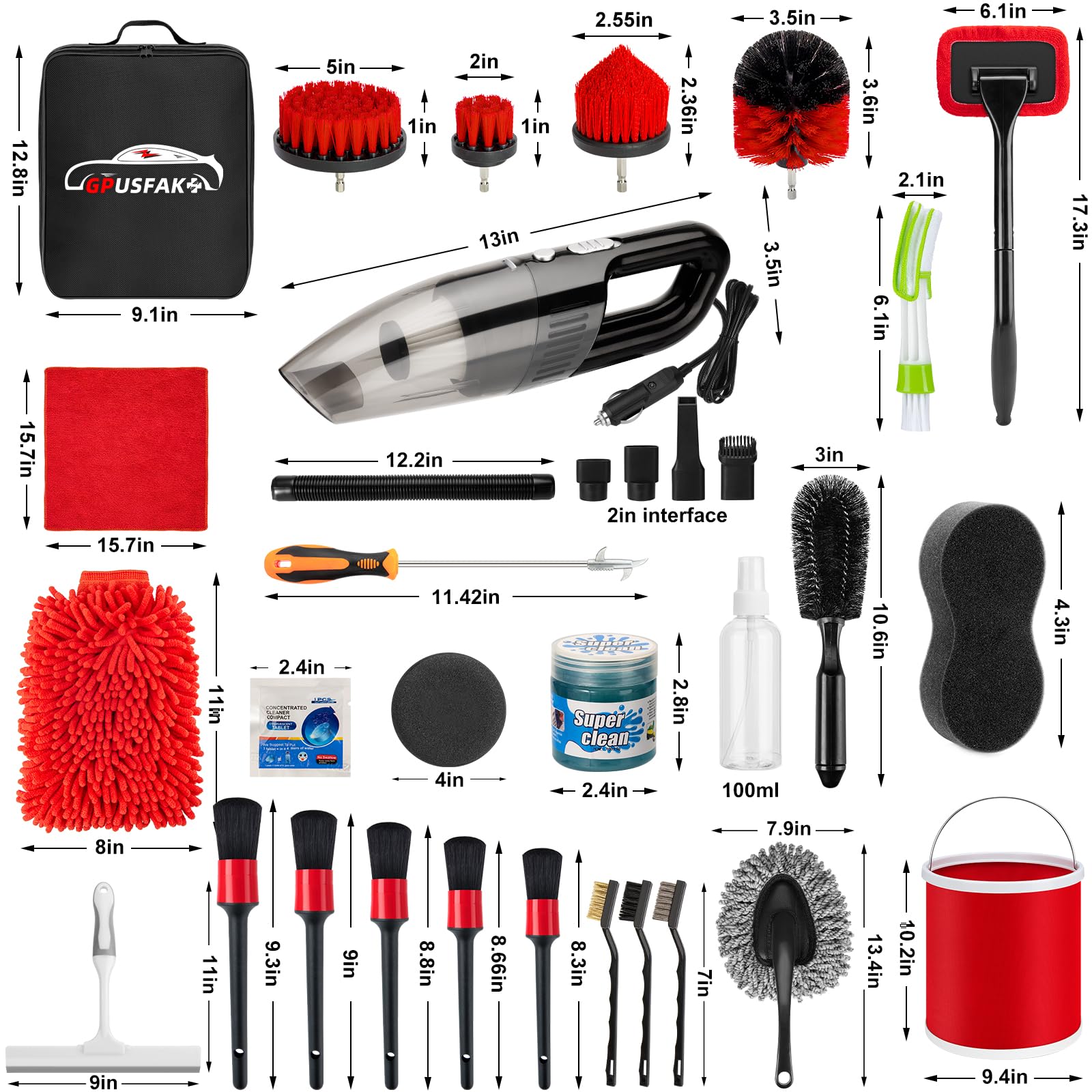 44Pcs Car Wash Cleaning Kit with Detailing Brushes, Car Vacuum Drill Brush Set, Collapsible Bucket, Windshield Cleaner, Tire Brush & Microfiber Towels - Complete Interior & Exterior Car Detailing Kit for DIY Auto Care, Vehicle Maintenance & Professional Detailing
