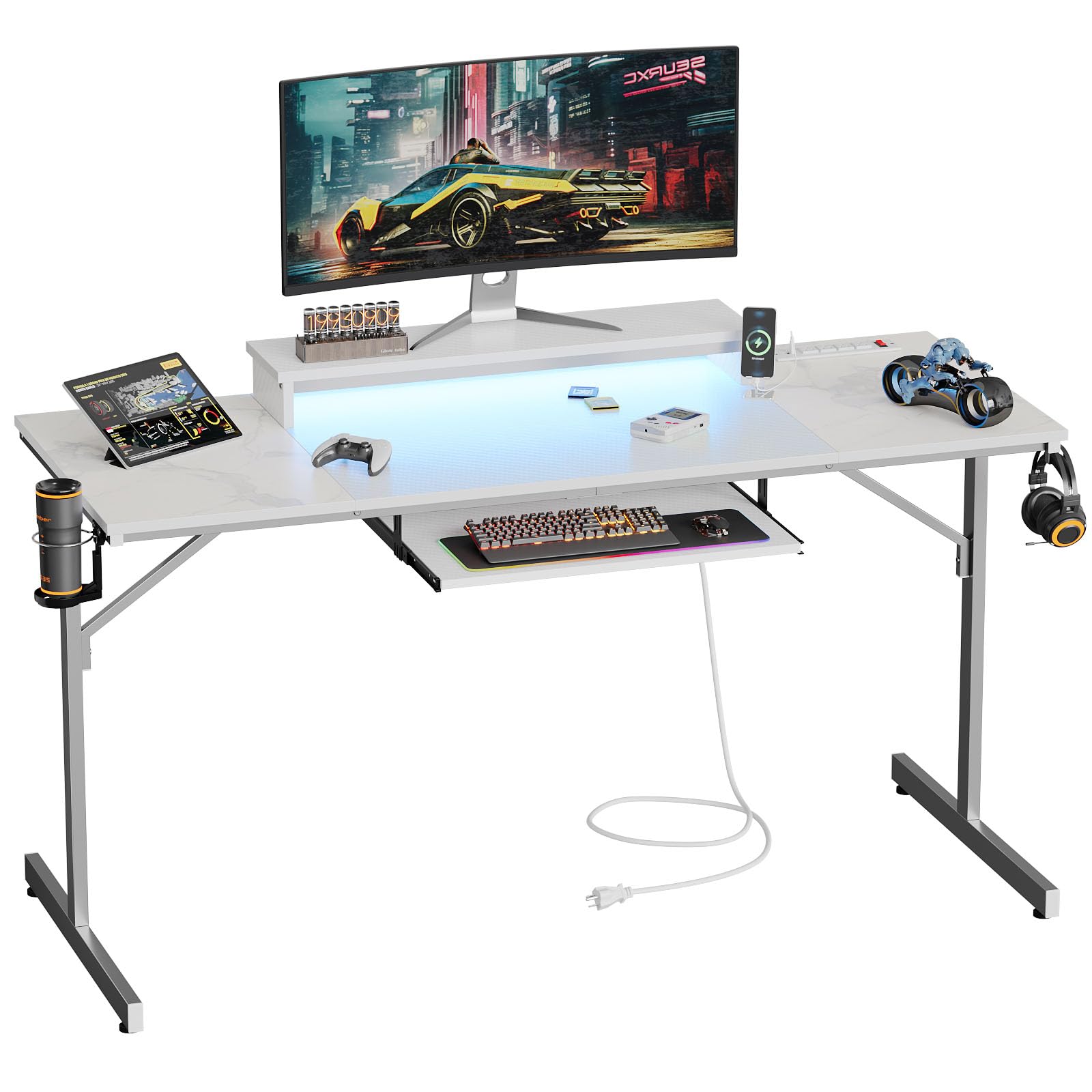 Bestier 63 Inch LED Gaming Desk with Power Outlets - Ergonomic Computer Desk with Adjustable Laptop Stand & Keyboard Tray - Modern Home Office PC Desk with Headset Hook (Carbon Fiber/Marble White) - Perfect for Gaming Setup, Workstation & Small Space Home Office