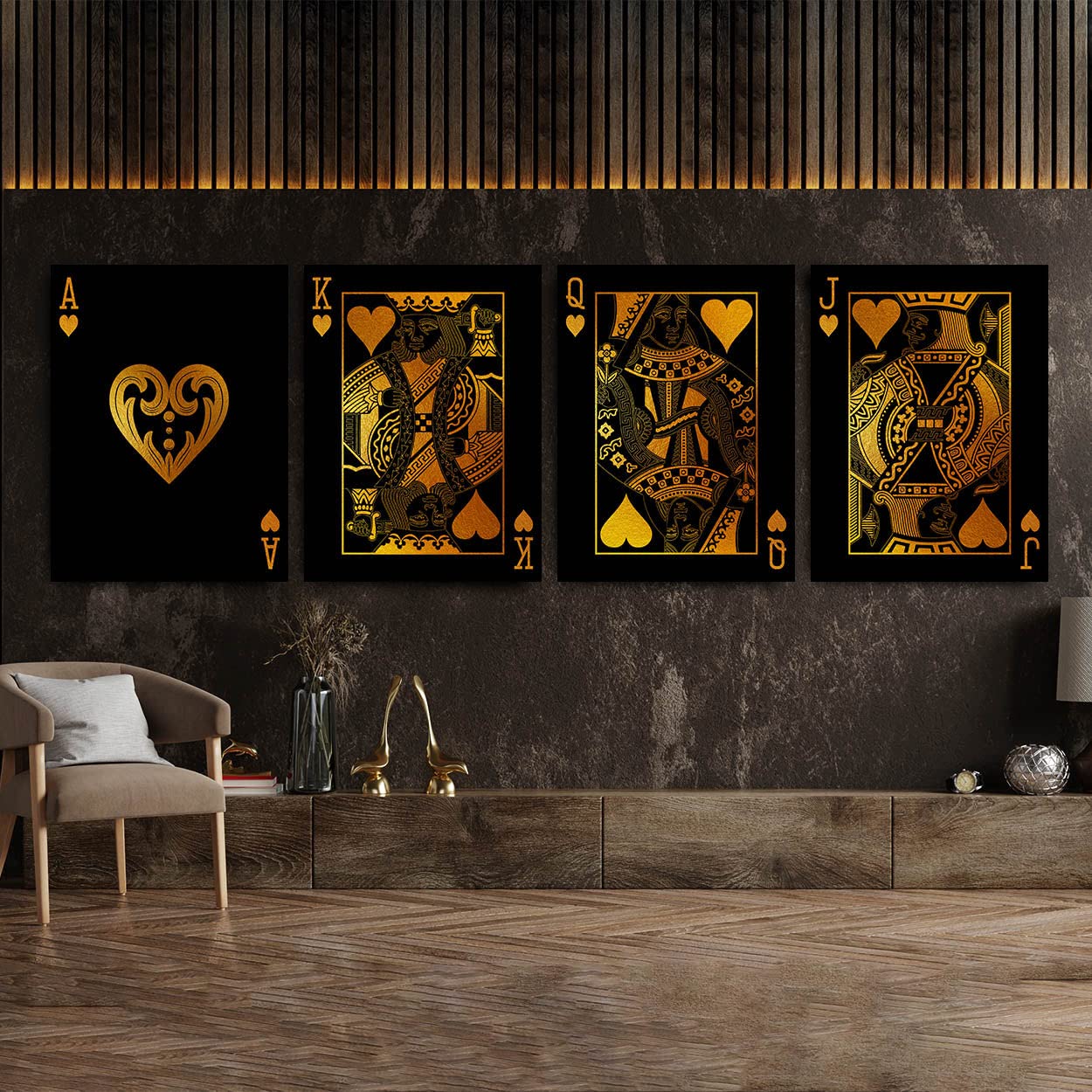 Premium Gold Canvas Poker Cards Wall Art - King Queen Jack Ace Playing Game Print Poster Painting for Home Decor | 14x16 Inches, 0.75 Inches Thick | Perfect for Game Rooms, Man Caves & Poker Themed Decor