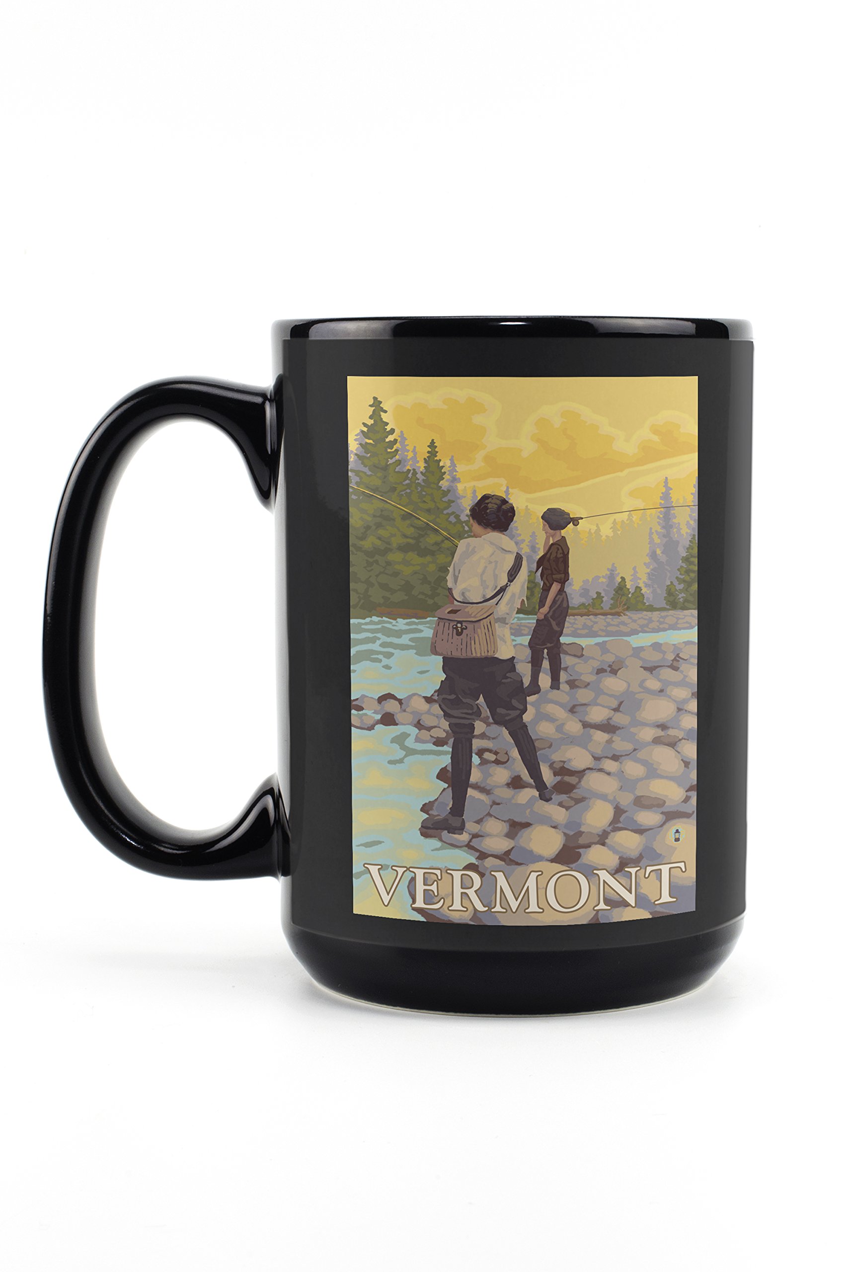 Lantern Press Vermont Women Fly Fishing Scene - 15oz Black Ceramic Coffee Mug & Tea Cup, Dishwasher & Microwave Safe - Perfect for Outdoor Enthusiasts & Nature Lovers