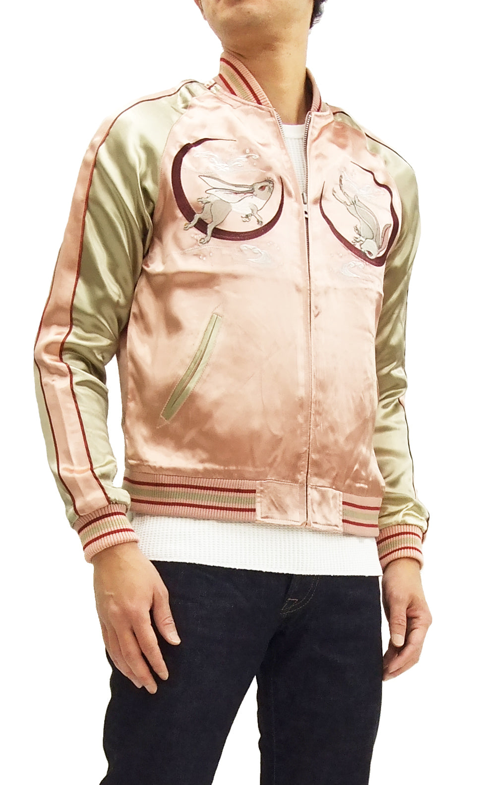 Japanese Souvenir Jacket for Men - Vintage Sukajan Bomber with Rabbit Embroidery in Pink & Gold (3RSJ 037) | Perfect for Streetwear, Cosplay, and Gift Giving