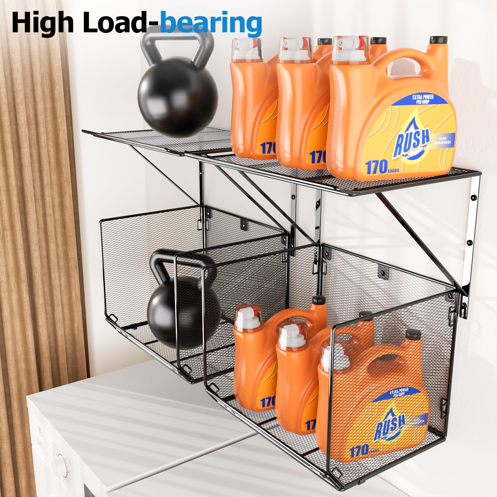 2 Pack Wall Mounted Laundry Shelves with Wire Mesh Basket - Over Washer & Dryer Storage Organizer - Space Saving Clothes Drying Rack (Black) - Perfect for Small Laundry Rooms & Apartment Organization