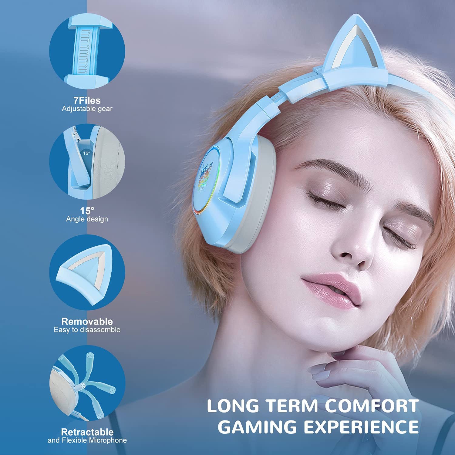 Blue Gaming Headset with Removable Cat Ears - Wireless Over-Ear Headphones for PC, PS4, PS5, Xbox One & Mobile | 7.1 Surround Sound, RGB Lighting, Retractable Mic | Perfect for Gaming, Streaming & Online Classes
