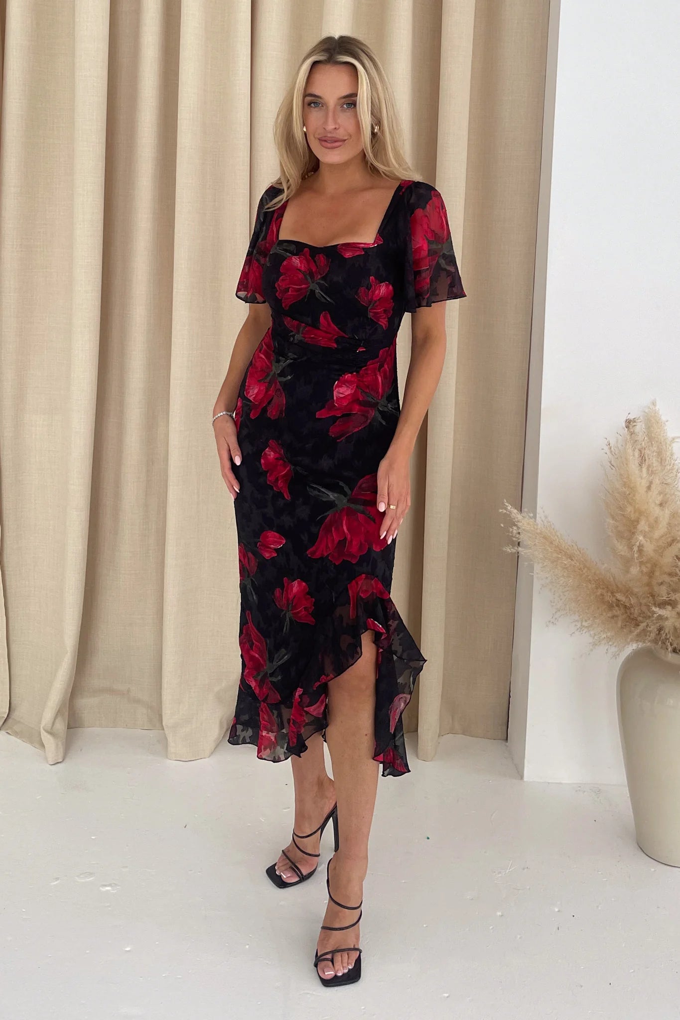 Heidi Ruched Midi Dress for Women - Floral Print Summer Dress in Black & Red | Perfect for Cocktail Parties, Date Nights & Beach Vacations