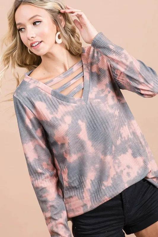 BiBi Variegated Tie Dye Rib V Neck Top with Straps - Stylish Casual Women's T-Shirt for Summer Outings & Beach Vacations