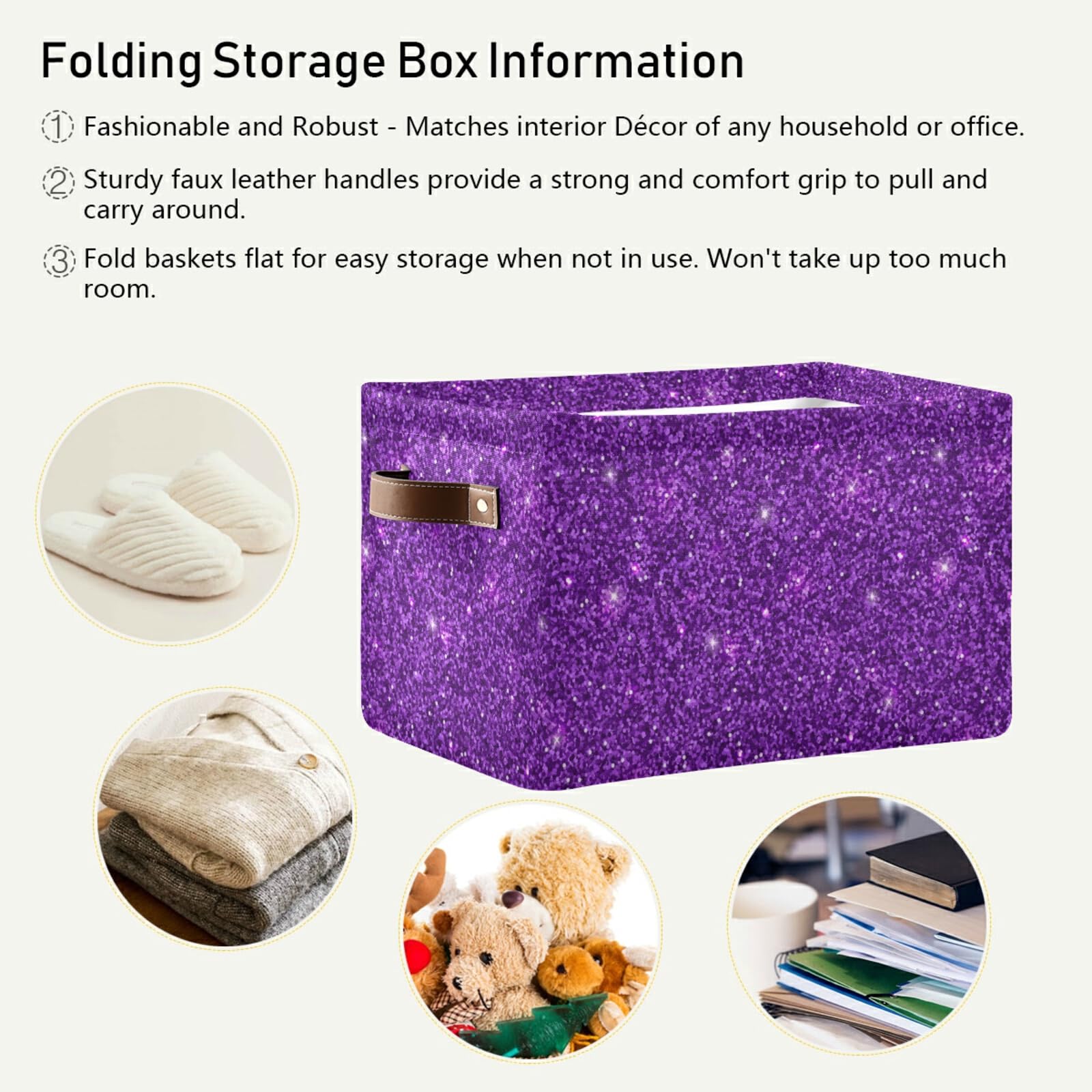 Purple Glitter Sequins Foldable Storage Bin - Collapsible Fabric Storage Basket with Handles for Organizing Toys, Clothes & Home Decor (2-Pack) | Perfect for Nursery, Closet, Bedroom & Office Organization