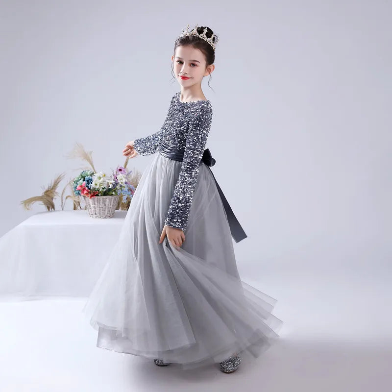 Sparkling Princess Gown for Pageant & Party - Long Sleeve Flower Girl Dress - Perfect for Weddings, Birthday Parties & Special Occasions