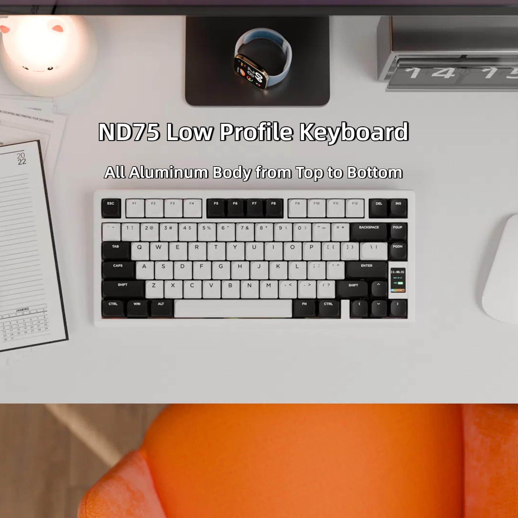 Chilkey ND75 Low Profile Aluminum Mechanical Keyboard - 75% Wireless Gaming Keyboard with Screen, Tri-Mode Connectivity, Quick Disassembly, RGB Backlit - for PC, Laptop, Office & Gaming (White) | Perfect for Typing, Programming & Esports