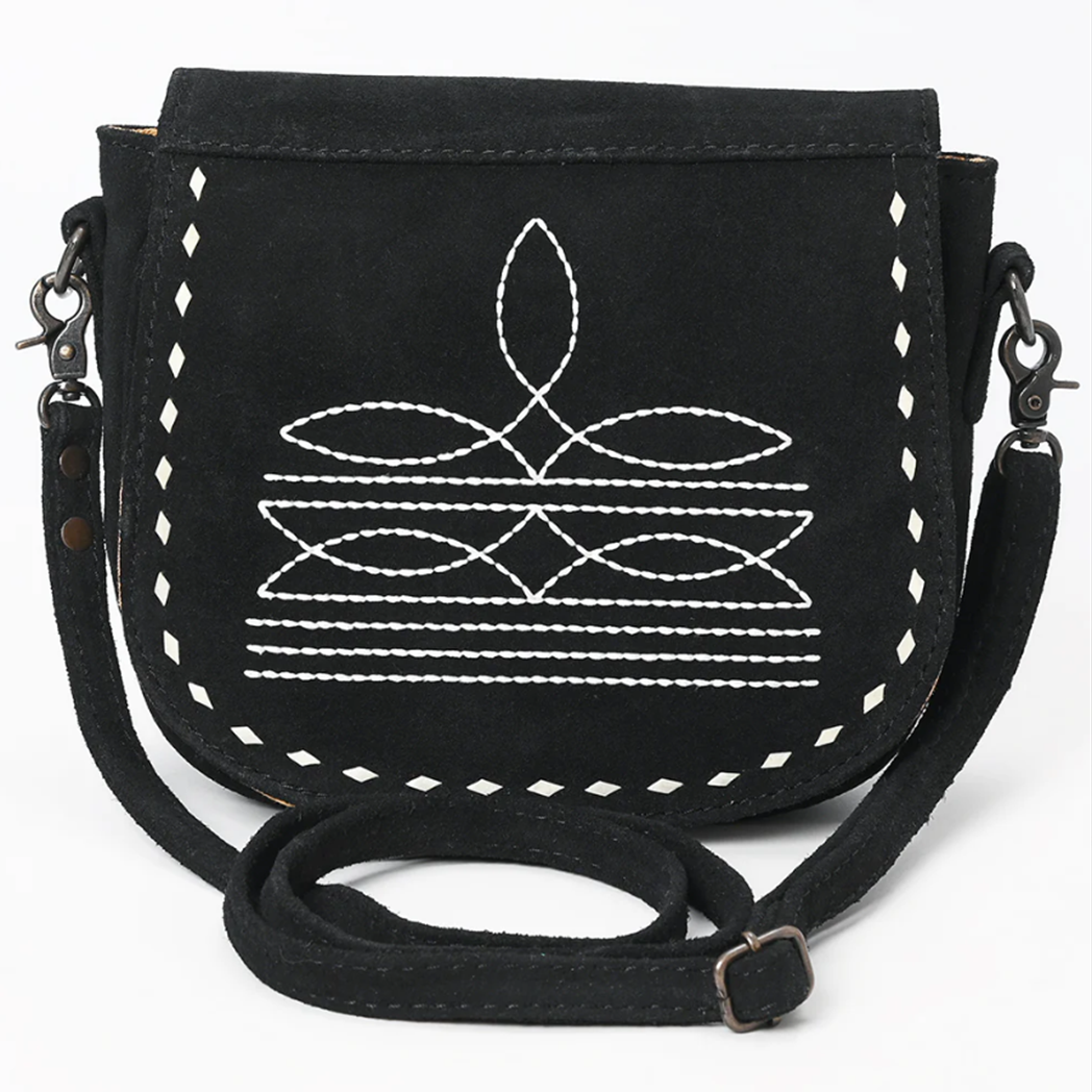 American Darling Black Roughout Boot Stitch Leather Crossbody Bag - Stylish Western Handbag for Women - Perfect for Daily Use, Travel & Country Music Festivals