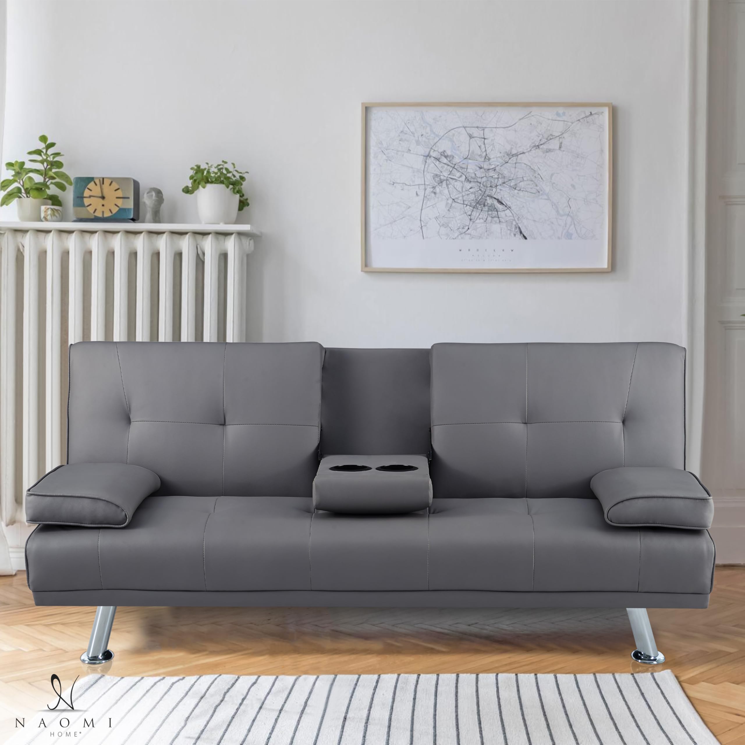 Convertible Futon Sofa Bed with Space-Saving Design - Modern Faux Leather Couch for Living Room, Guest Room & Small Spaces - Sturdy Frame, Adjustable Positions & Easy Assembly - Low-Maintenance Gray Upholstery - Perfect for Apartments, Dorms & Home Offices