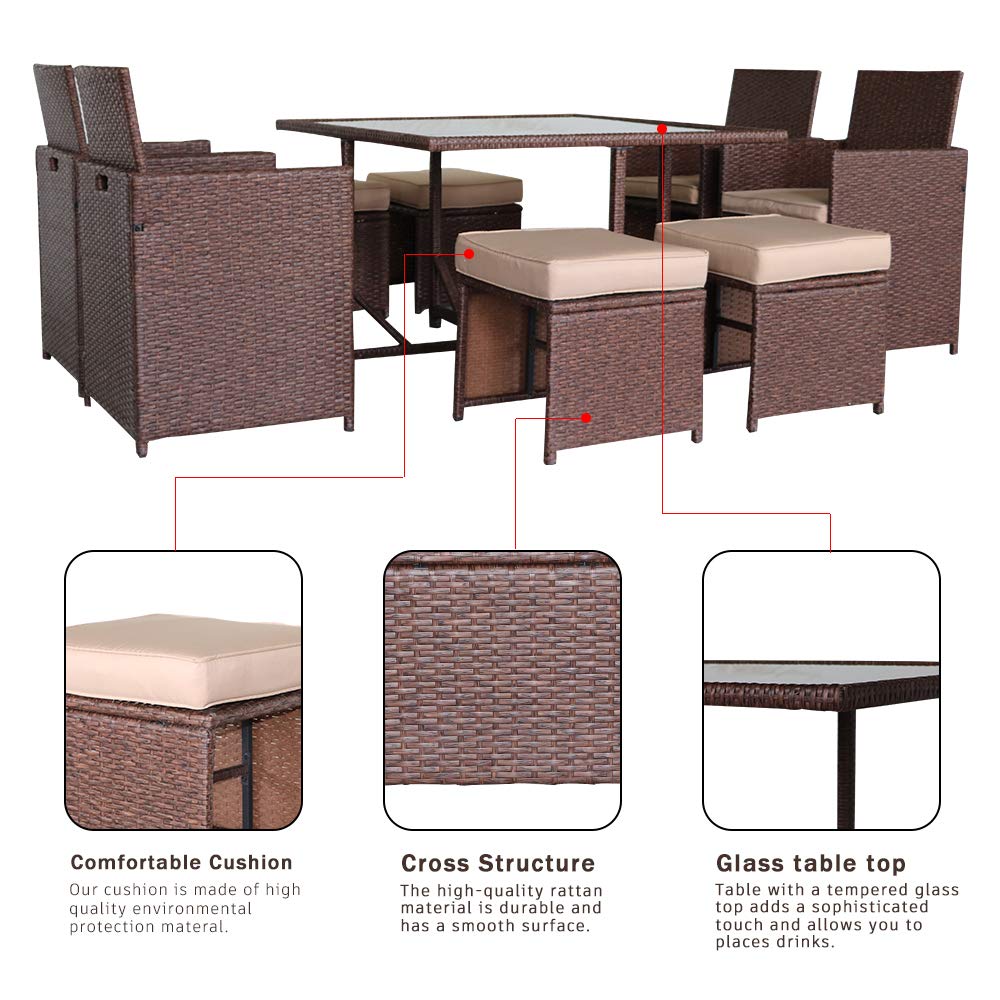 9-Piece Wood Grain Wicker Rattan Dining Ottoman Set with Glass Table - Durable Patio Furniture for Outdoor Entertaining, Garden Parties & Backyard Relaxation
