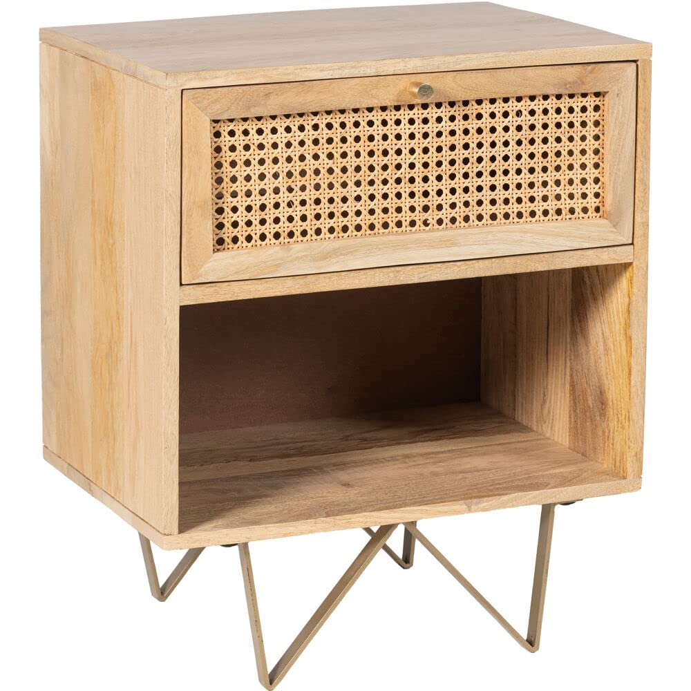 Natural Tybee 24-inch Mango Wood Side Table with Cane Front, 1 Drawer & Open Cubby Shelf - Rustic Boho Bedside Table, Living Room End Table, or Entryway Storage - Hanover Collection