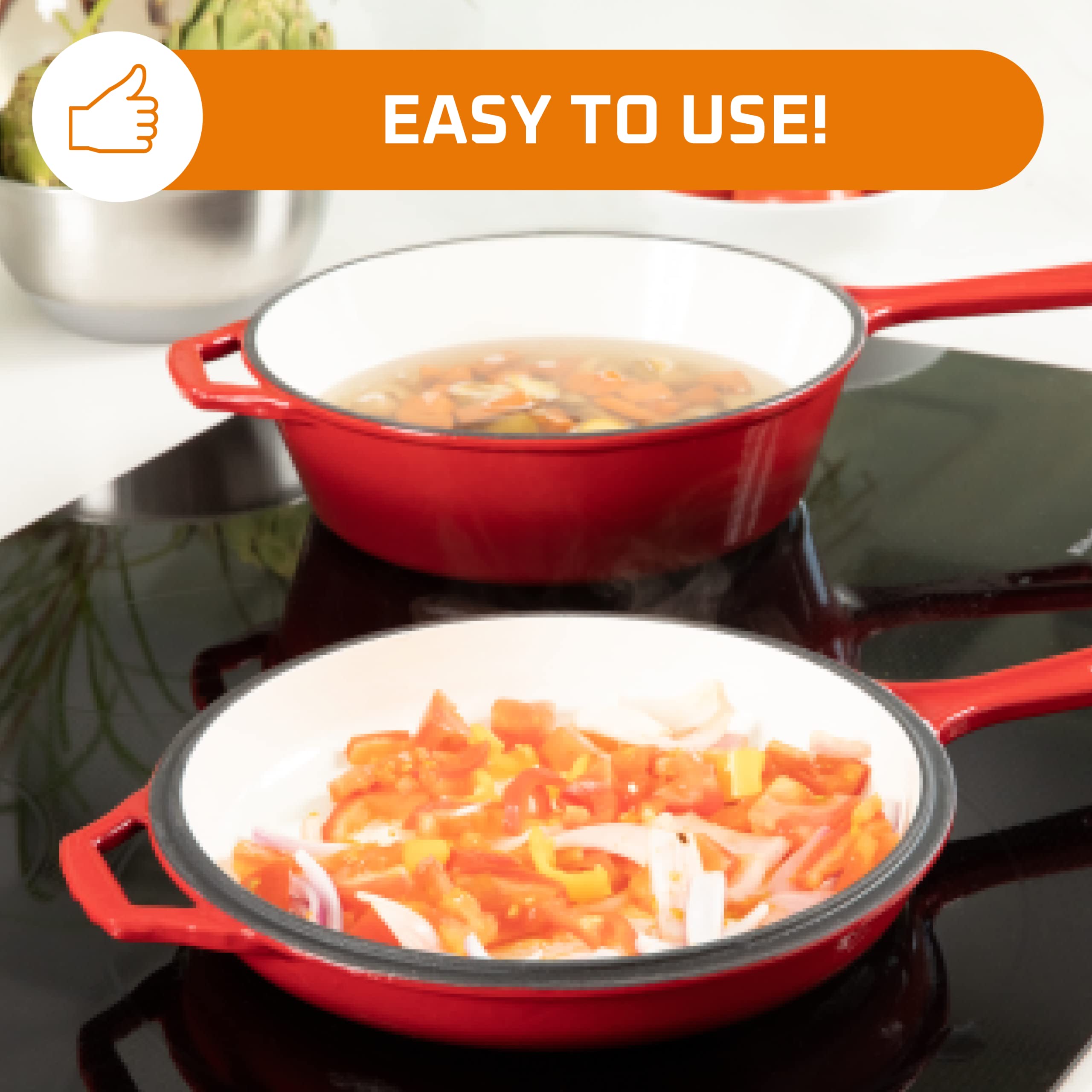 2-in-1 Enameled Cast Iron Dutch Oven with Skillet Lid - 5 Quart Fire Red Cookware for Induction, Gas, Electric & Oven Use - Bruntmor Multi-Cooker for Braising, Baking, Frying & Camping Cooking
