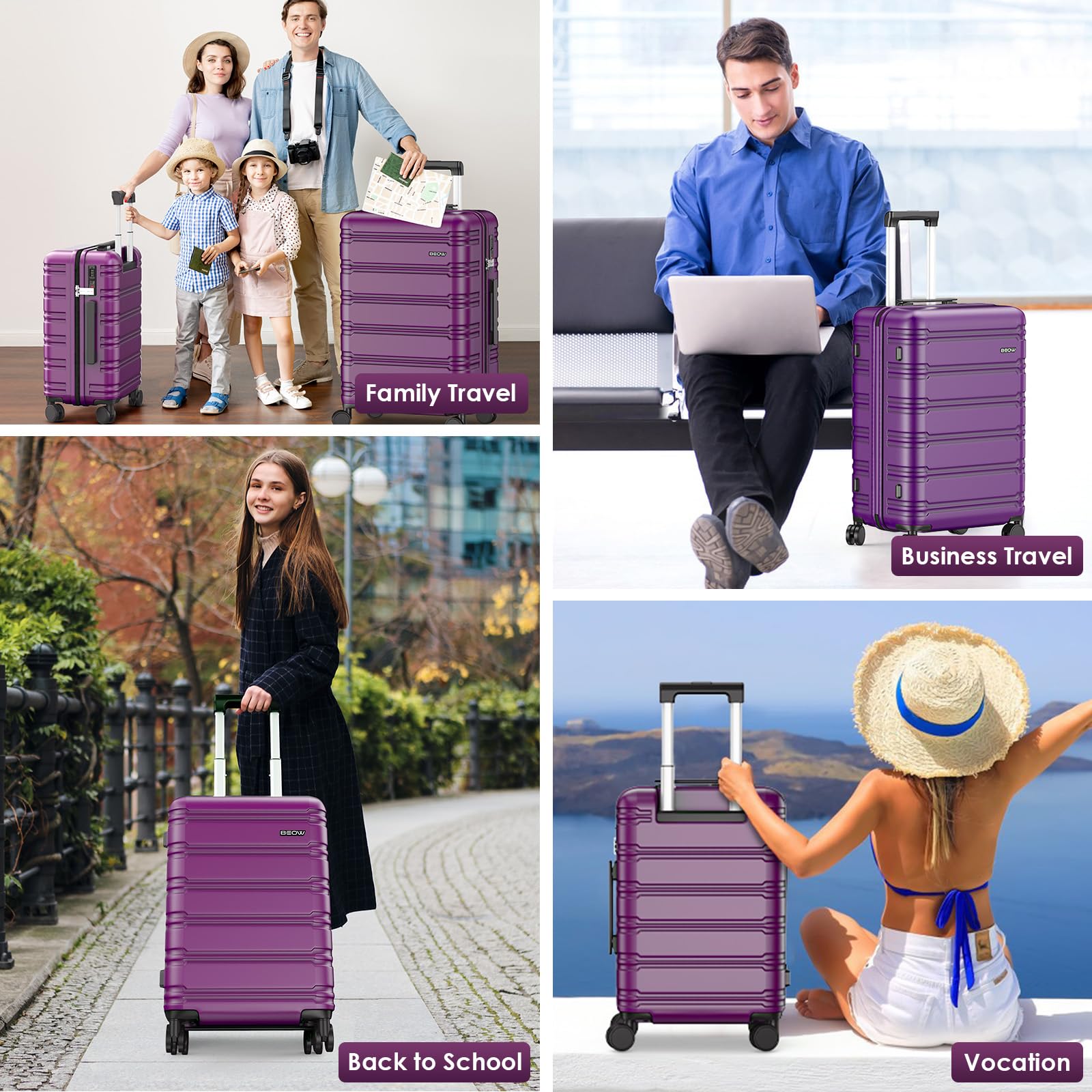 BEOW 3-Piece Expandable Hardside Luggage Set with Spinner Wheels & TSA Lock - 20/24/28 Inch Lightweight Polycarbonate Suitcases for Women (Purple) - Perfect for Air Travel, Business Trips & Vacation Getaways