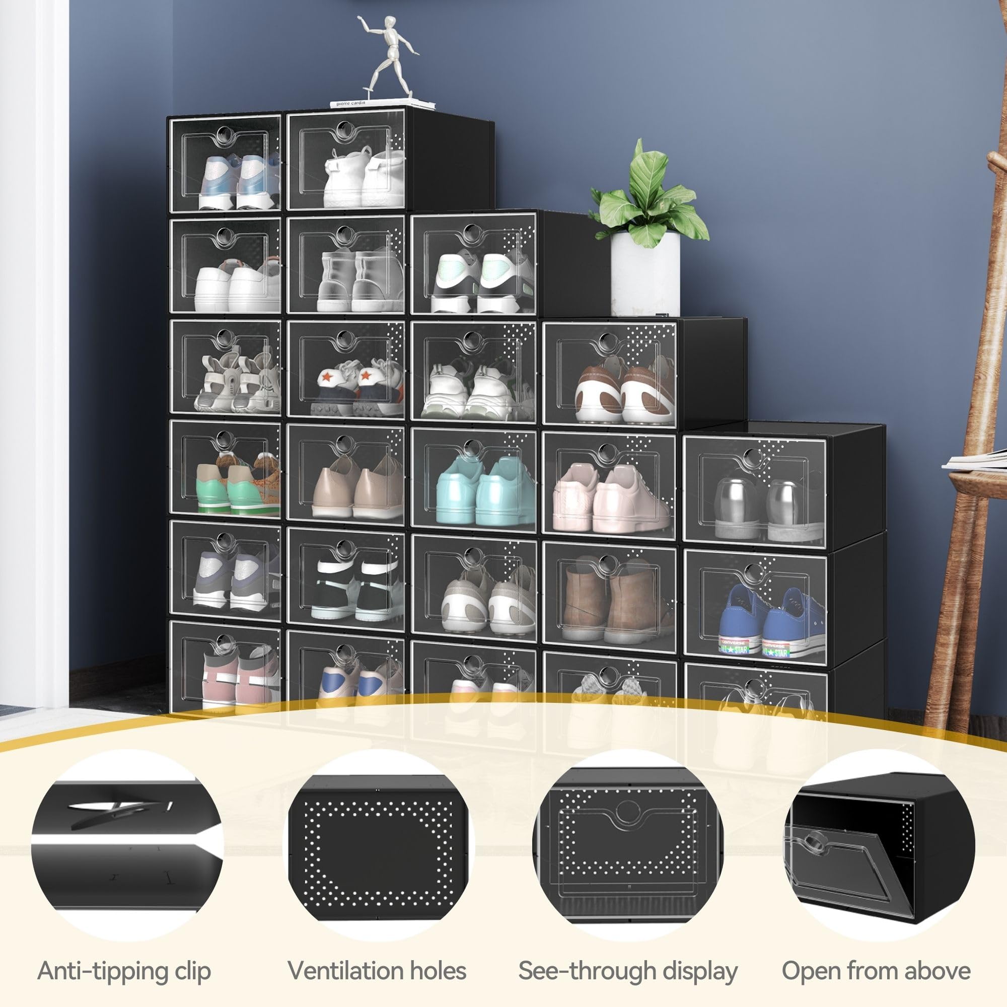 DWVO 12-Pack Clear Plastic Shoe Storage Boxes - XX-Large Stackable Shoe Organizer for Closet (Fits up to US Men's Size 15) | Foldable Sneaker Containers & Shoe Rack | Perfect for Organizing Shoes, Boots, and Sneakers in Bedroom, Closet, or Entryway