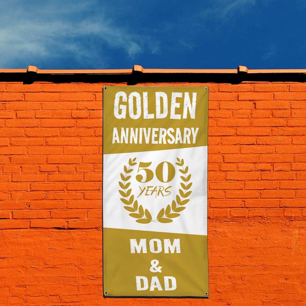 Golden Anniversary Vinyl Banner - Weatherproof Vertical Yard Sign for Mom & Dad - 144x60 Inches with 10 Grommets - Perfect for Outdoor Celebrations, Parties & Home Decor