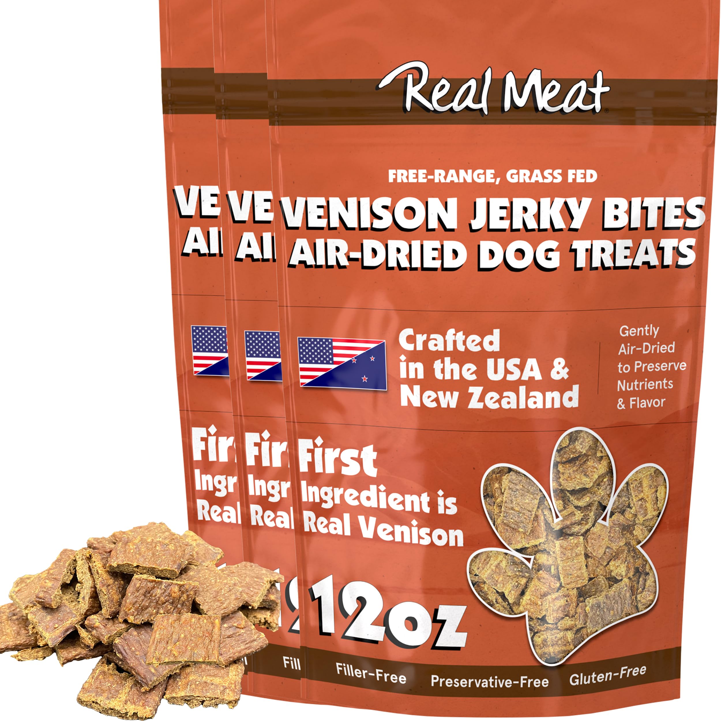 Premium Grain-Free Air-Dried Venison Dog Treats - 3 Pack of 12oz Bags with All-Natural, Human-Grade Free-Range Grass-Fed Venison (95% Meat) - Healthy Bite-Sized Training Rewards & Daily Snacks for Small, Medium & Large Dogs - Perfect for Outdoor Adventures, Obedience Training & Crate Time