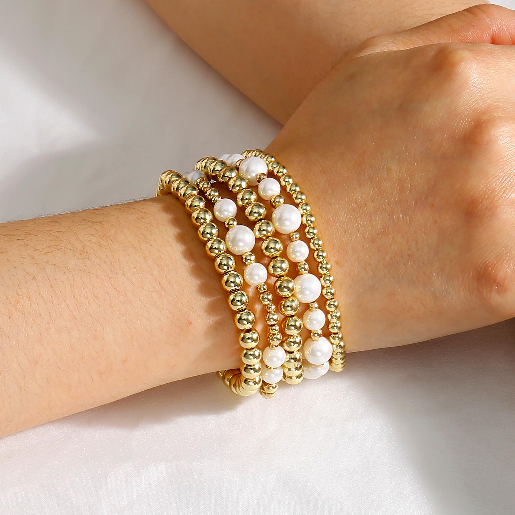 Gold Beaded Bracelets for Women - White & Black Beads, Gold Filled Stretch Elastic Stackable Bracelet Set, Trendy Dainty Layered Jewelry for Everyday Wear, Gift Giving & Special Occasions