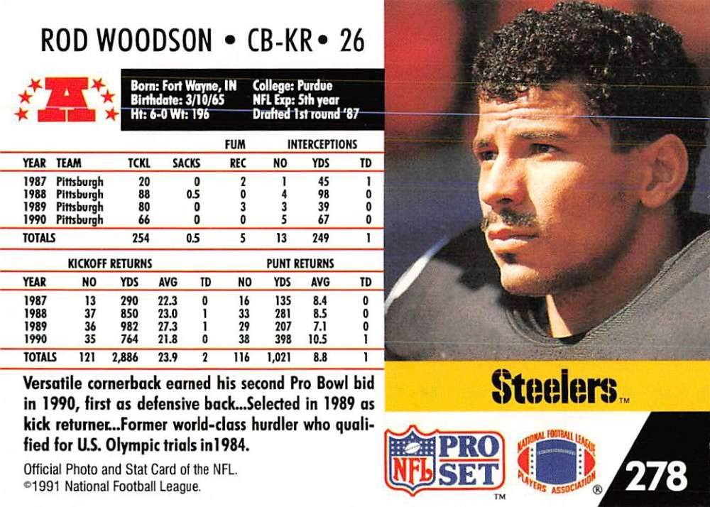 1991 Pro Set Football Card #278 Rod Woodson Pittsburgh Steelers - Official NFL Trading Card for Collectors & Fans - Perfect for Sports Memorabilia Displays & Trading