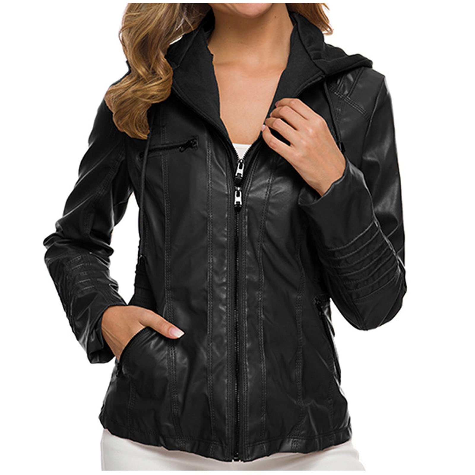 Women's Waterproof Faux Leather Motorcycle Jacket with Hood - Stylish Biker Riding Coat for Fall & Winter - Perfect for Commuting, Road Trips, and Outdoor Adventures