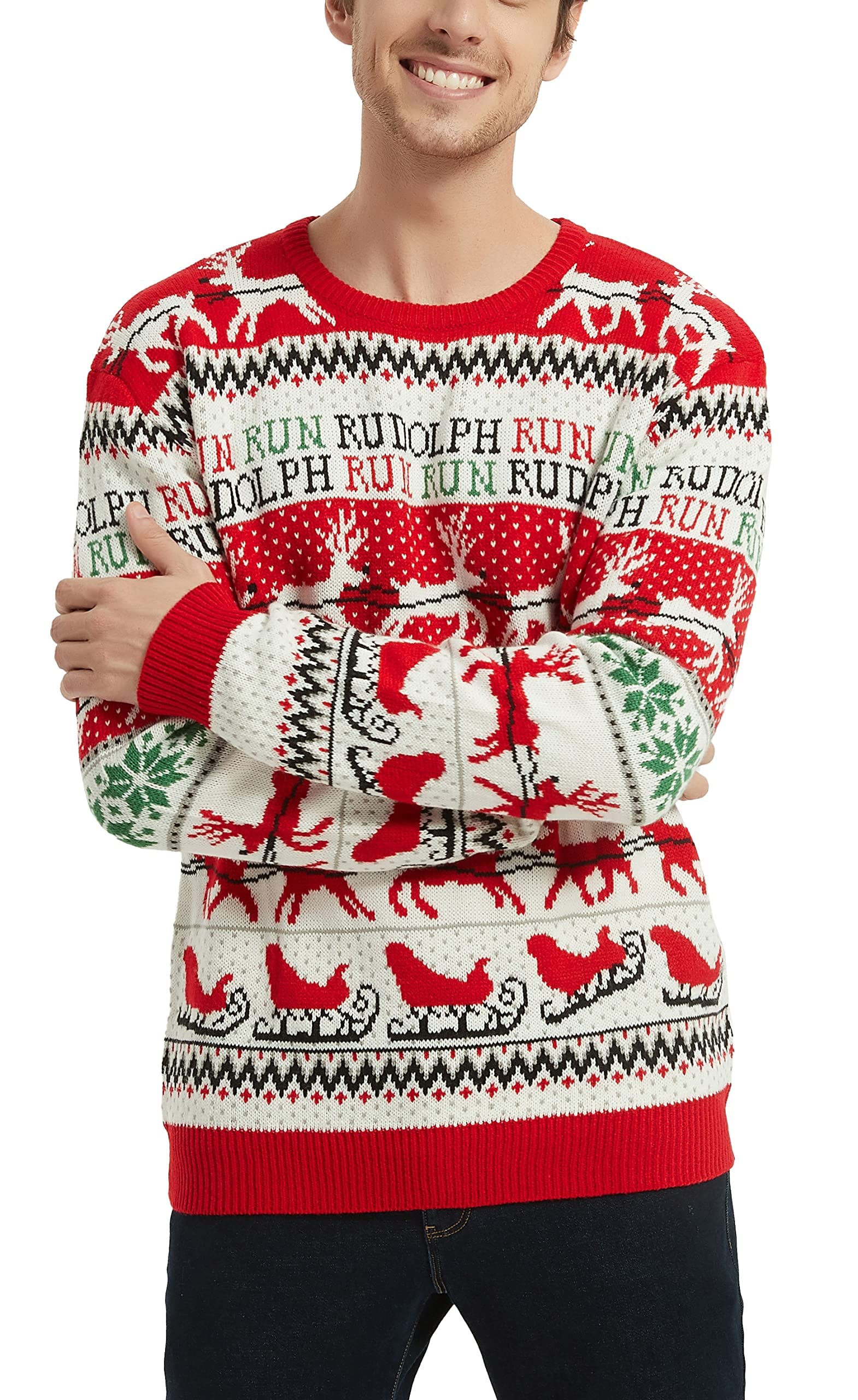 Men's Christmas Rudolph Reindeer Holiday Sweater - Festive Knitted Cardigan Pullover for Ugly Christmas Party & Family Gathering