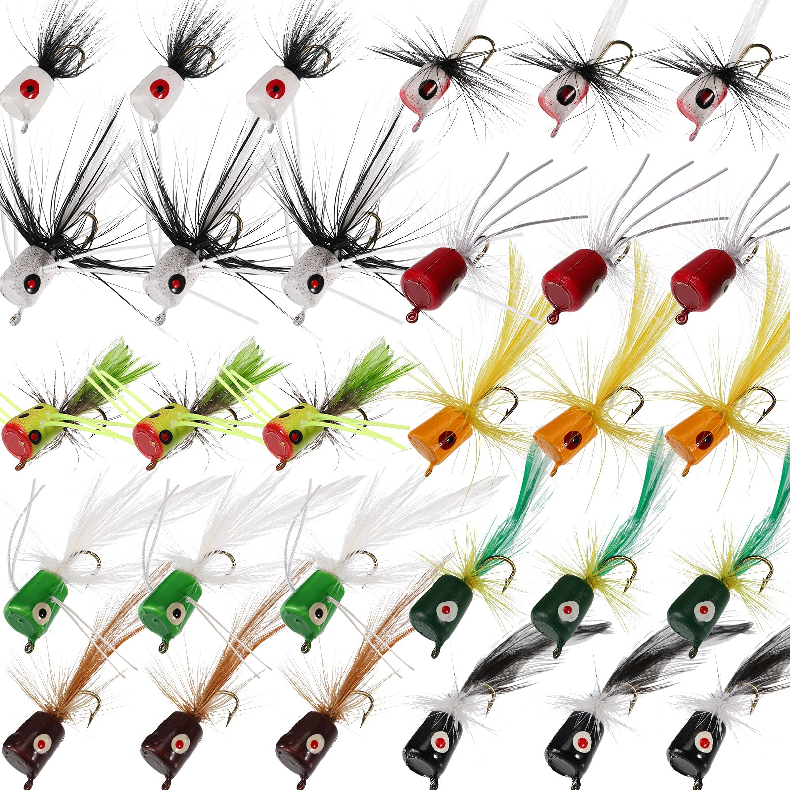 30-Piece Bass Popper Fishing Lures Kit with Hooks - Colorful Freshwater Bait for Panfish, Trout & Bass - Perfect for Lake, River & Stream Fishing Adventures