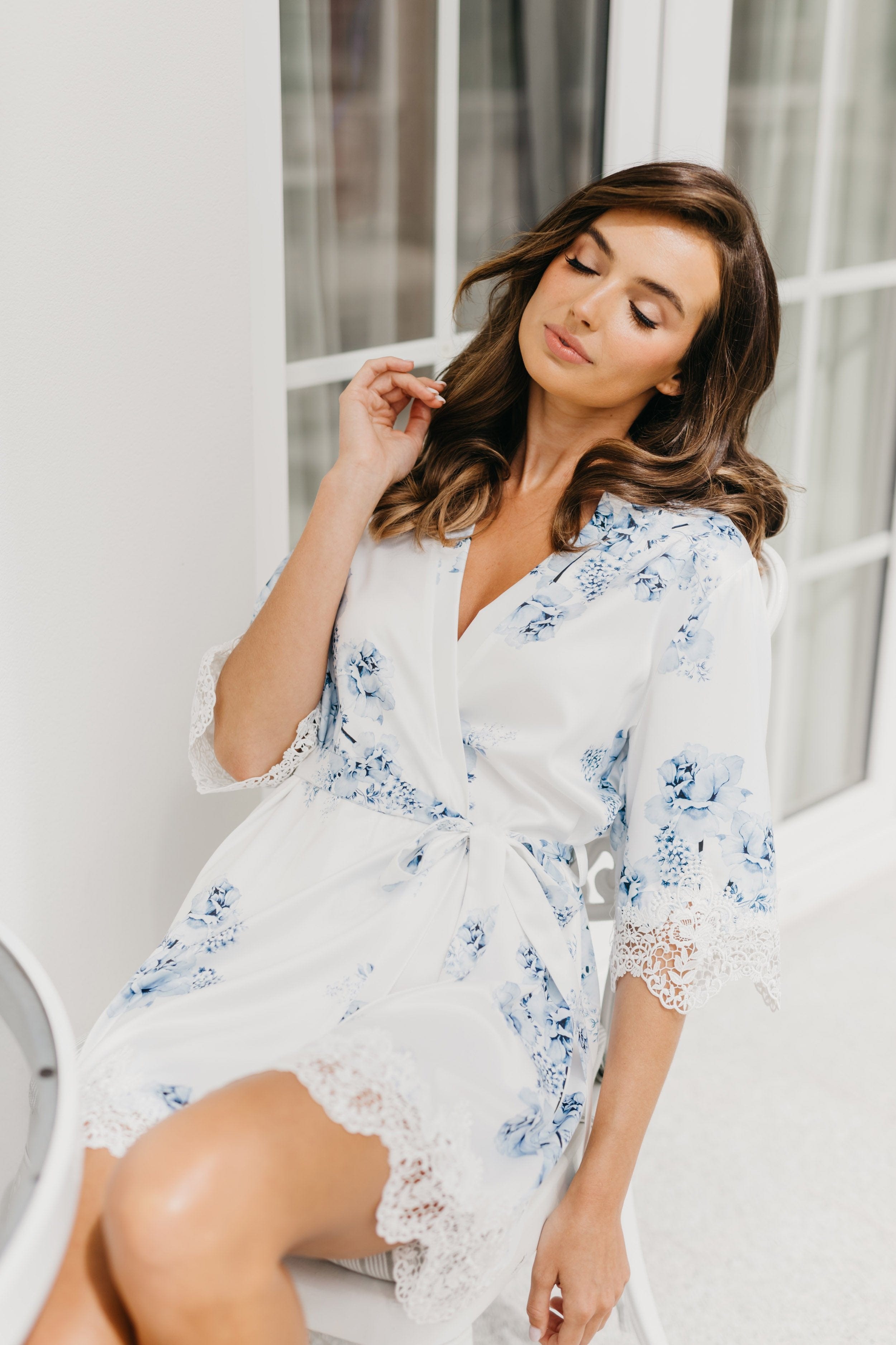 Ivana Bleu De Fleur Printed Robe - Floral Kimono Robe for Women, Lightweight Loungewear, Bathrobe & Cover Up - Perfect for Spa, Beach, and Home Relaxation