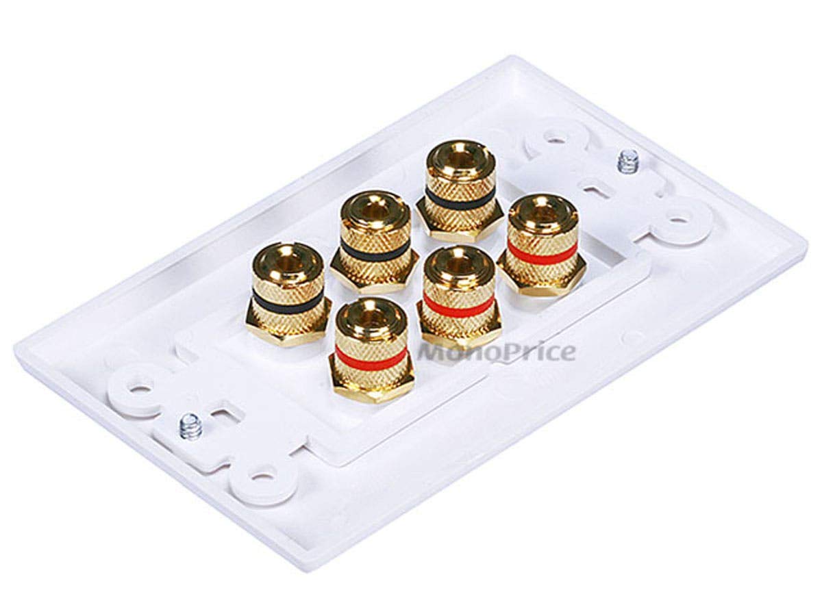 Monoprice 103538 Banana Binding Post 2-Piece Wall Plate for 3 Speakers - Gold Plated Connectors for Home Theater & Audio Systems - Easy Installation for Surround Sound Setup