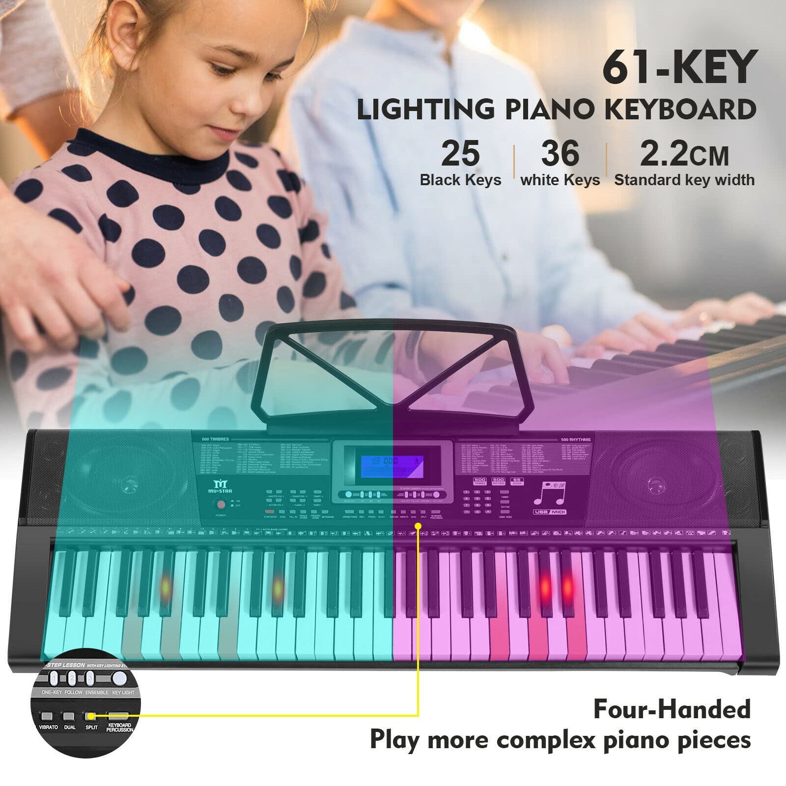 MUSTAR MEKS-500 61-Key Lighted Keyboard Piano with Stand, Sustain Pedal & Headphones - Electric Piano for Beginners | USB MIDI, Built-in Speakers | Perfect for Home Learning, Music Practice & Gift Giving