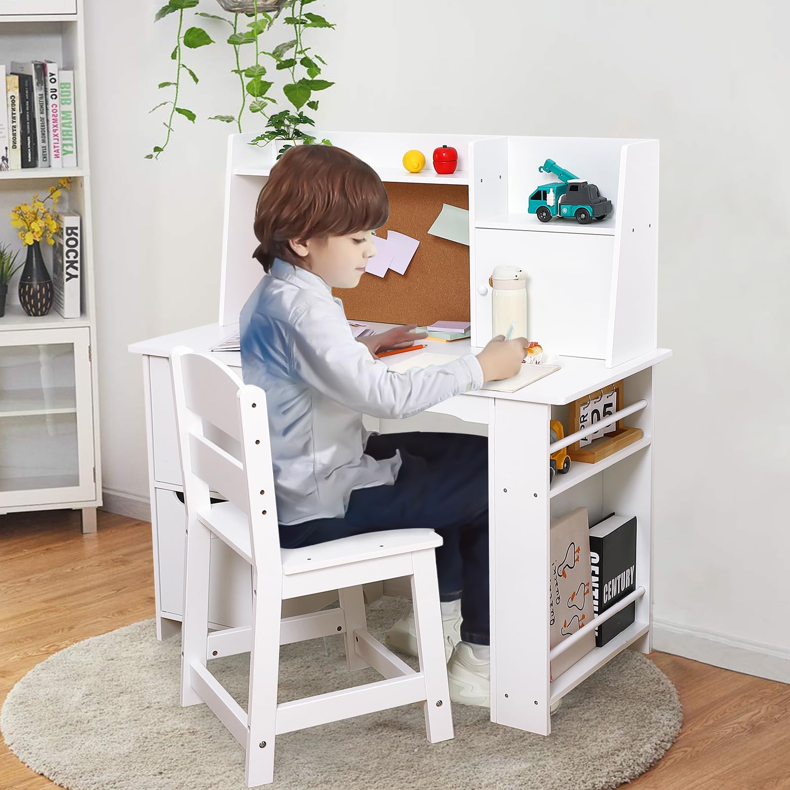 Kids Study Desk and Chair Set with Storage - White Learning Table with Bookshelf & Cabinets for Boys & Girls Ages 3-8 | Perfect for Homeschooling, Online Classes & Homework Organization in Bedroom or Playroom
