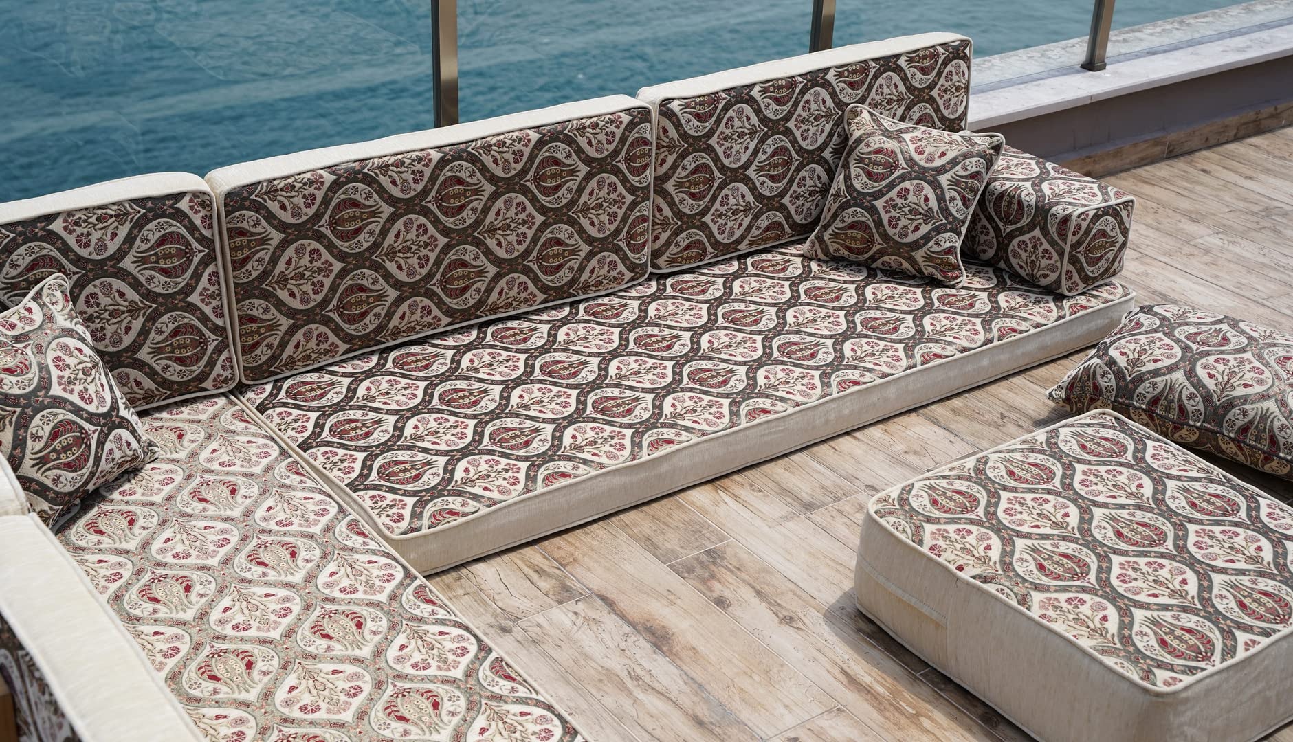 Handmade L-Shaped Arabic Floor Sofa Set - Traditional Moroccan Majlis Seating with Ottoman | Turkish & Middle Eastern Style Sectional Couch for Living Room, Lounge, and Cultural Gatherings