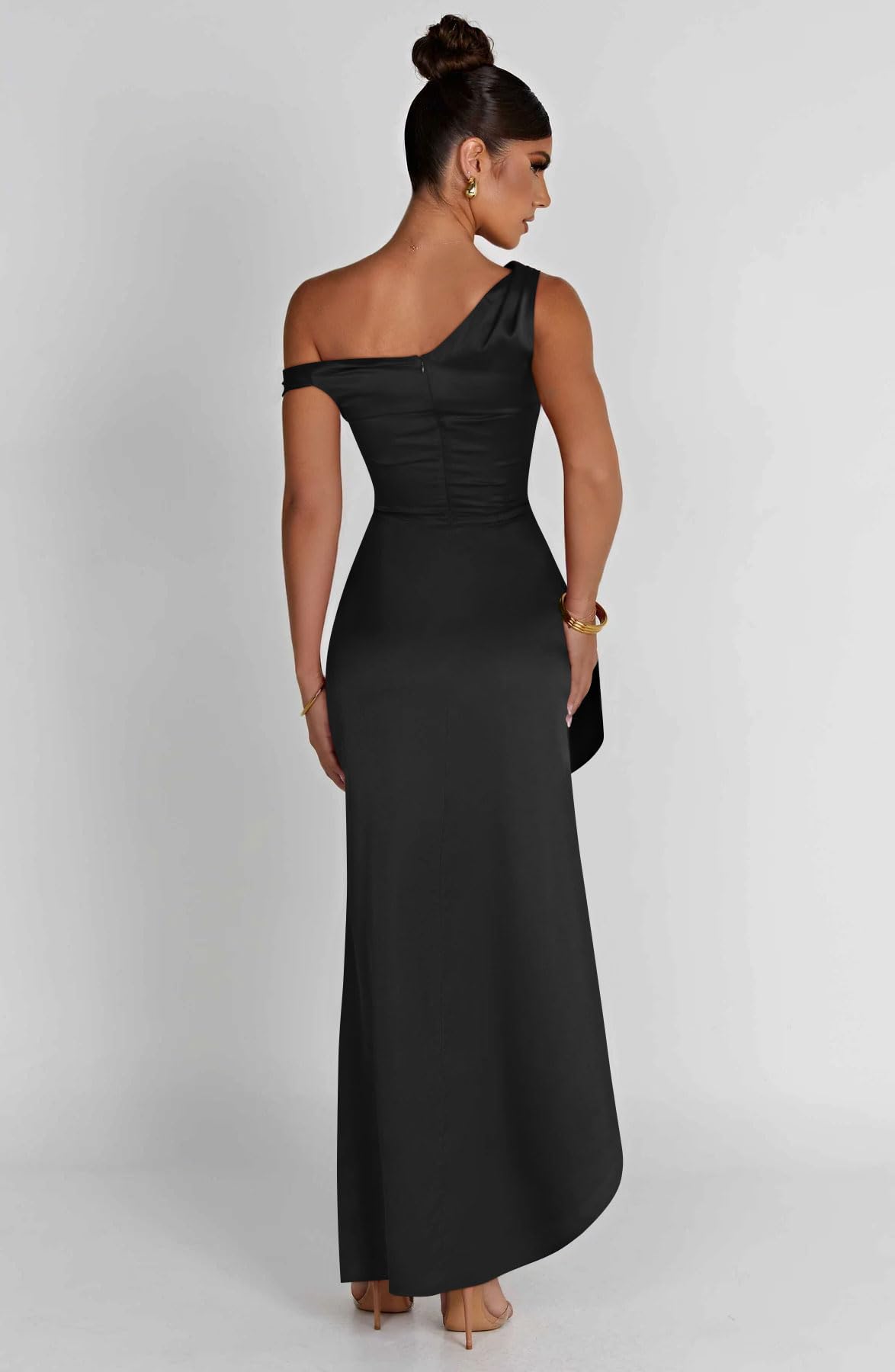 Memoriesea Women's Satin One Shoulder High Slit Formal Party Evening Maxi Dress - Elegant Prom, Wedding Guest & Cocktail Gown for Special Occasions