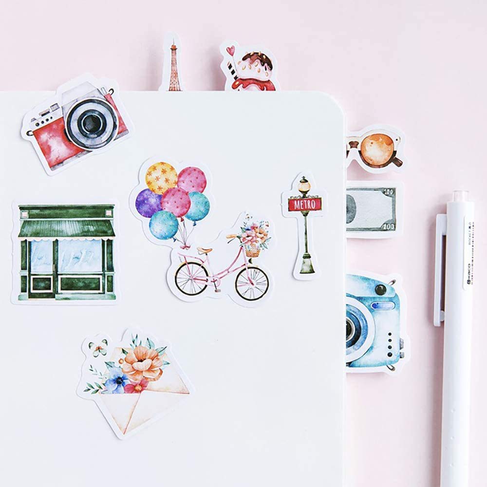 45pcs Mini Scrapbook Stickers Set - DIY Travel Decoration Stickers for Journals, Planners, Laptops, Suitcases & Notebooks | Perfect for Scrapbooking, Bullet Journaling & Travel Memories | Doraking Dimension 44mm