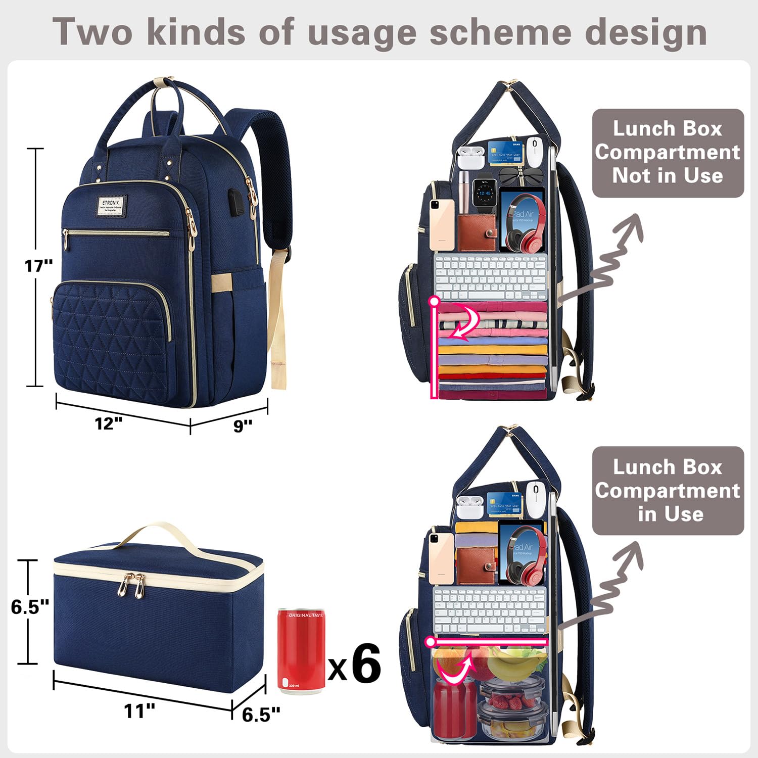 ETRONIK 15.6 Inch Laptop Backpack for Women & Men - USB Charging Port, Insulated Lunch Cooler Bag - Waterproof Travel Backpack for Work, School, Nursing & Outdoor Activities - Stylish Blue Computer Backpack