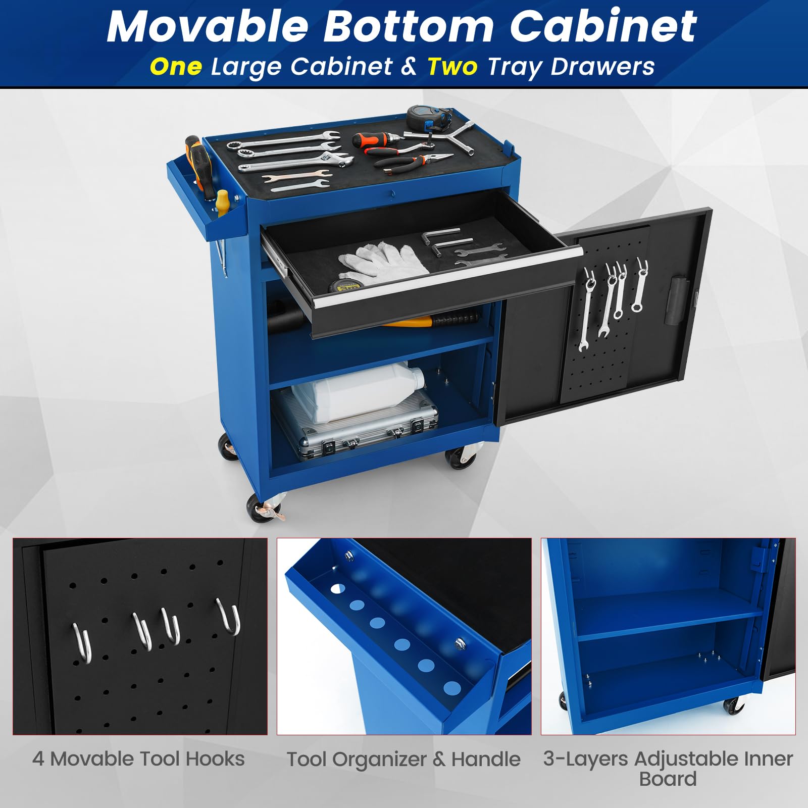ERGOMASTER Heavy Duty 5-Drawer Rolling Tool Chest with Lockable Cabinet - Removable Storage for Garage, Workshop & DIY Projects - Durable Blue Tool Box for Professional Mechanics & Home Improvement