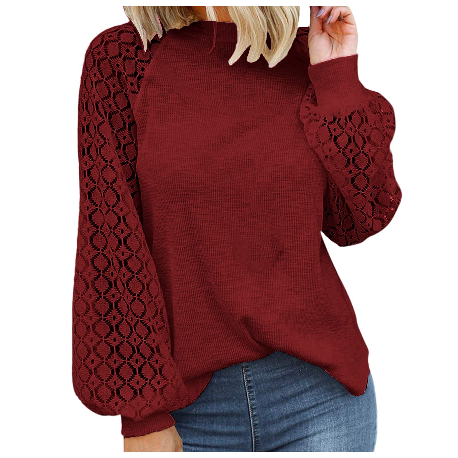 Fankle Women's Lace Hollow Out Sweatshirt - Crew Neck Long Sleeve Casual Loose Fit Blouse Top | Perfect for Daily Wear, Office & Weekend Outfits
