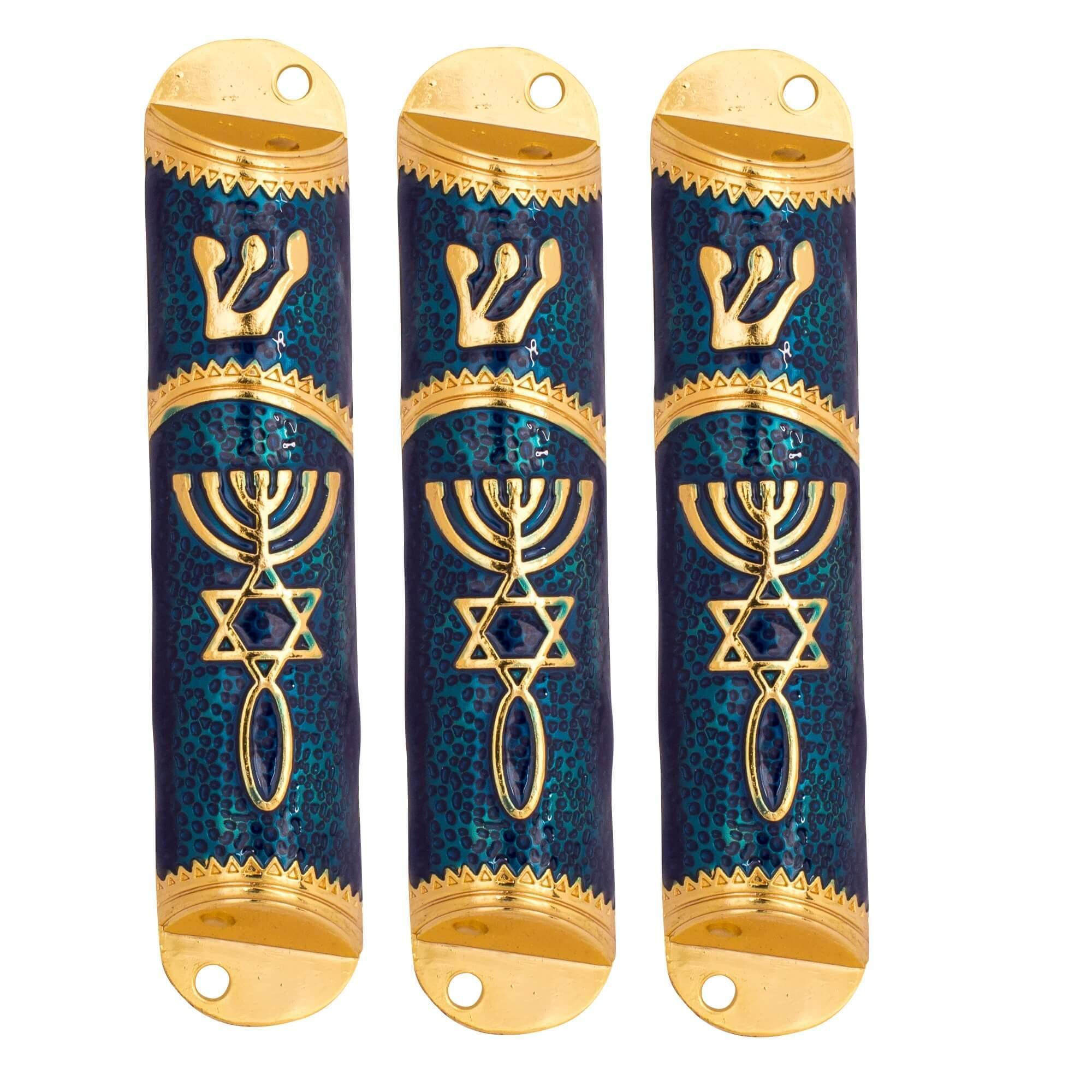 3-Piece Gold & Blue Metal Mezuzah Case Set with Messianic Symbol - 4.1 Inch Jewish Door Blessing Scroll Holder for Home, Office & Gift Giving