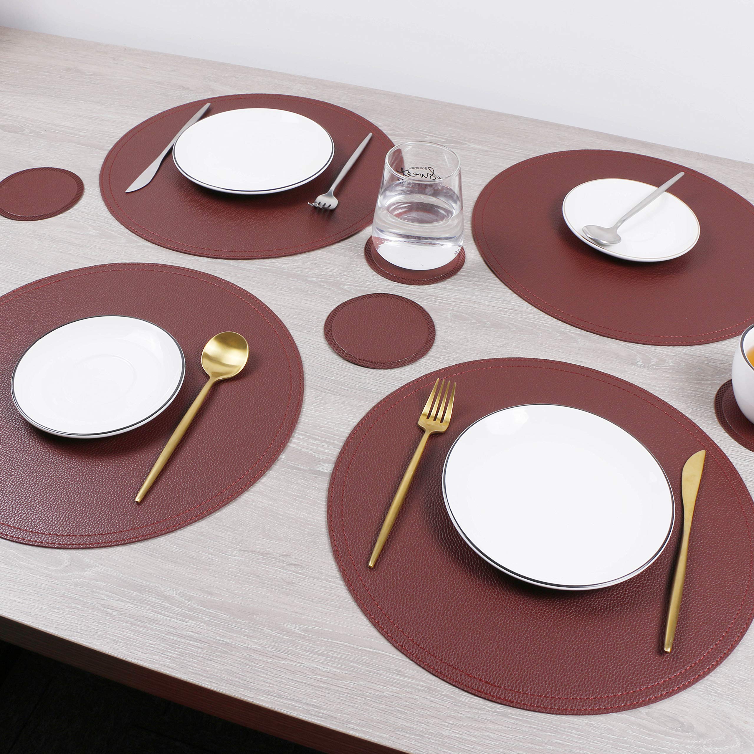 Premium Faux Leather Round Placemats and Coasters Set - Waterproof & Easy Clean Kitchen Table Mats for Dining Table, Coffee Table, Home Decor - Perfect for Everyday Use, Dinner Parties & Holiday Gatherings